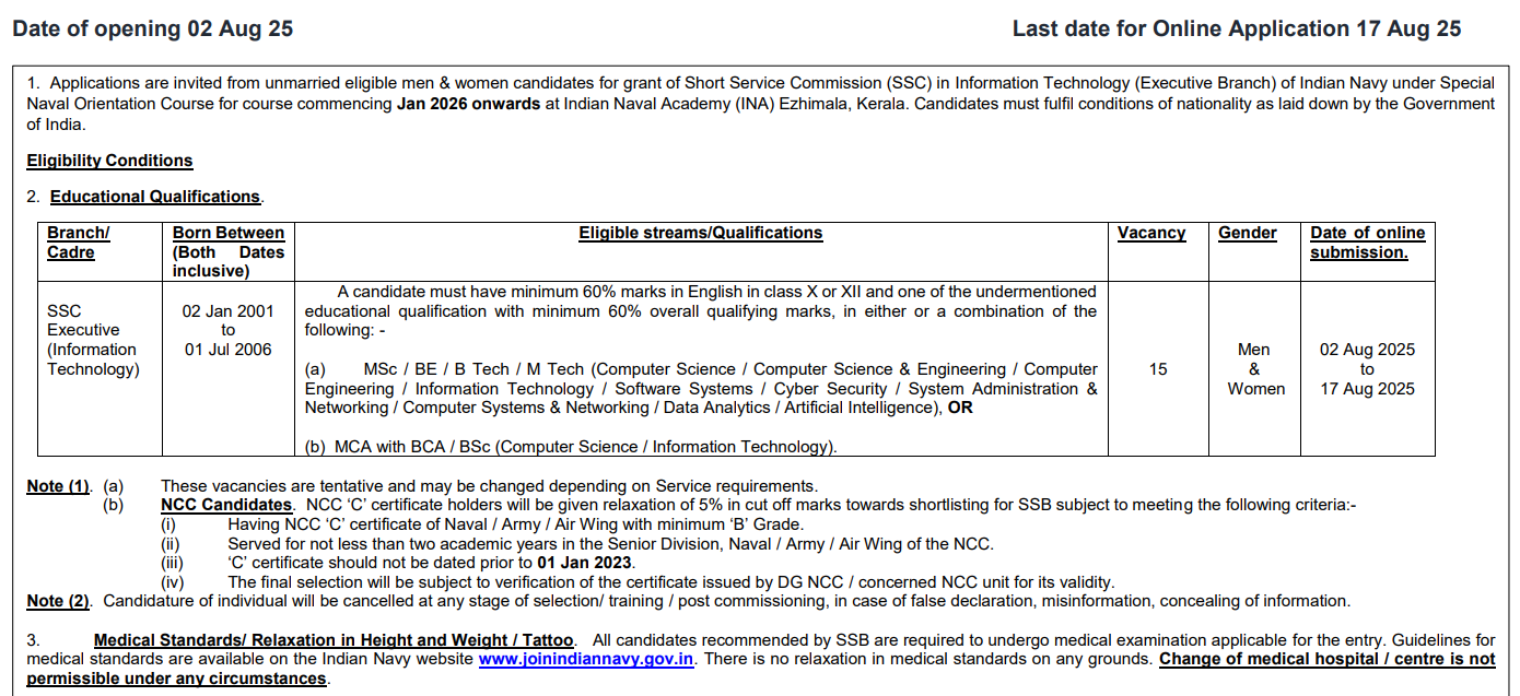 Indian Navy SSC IT Jan 2026 Form Notification Out Apply Online 