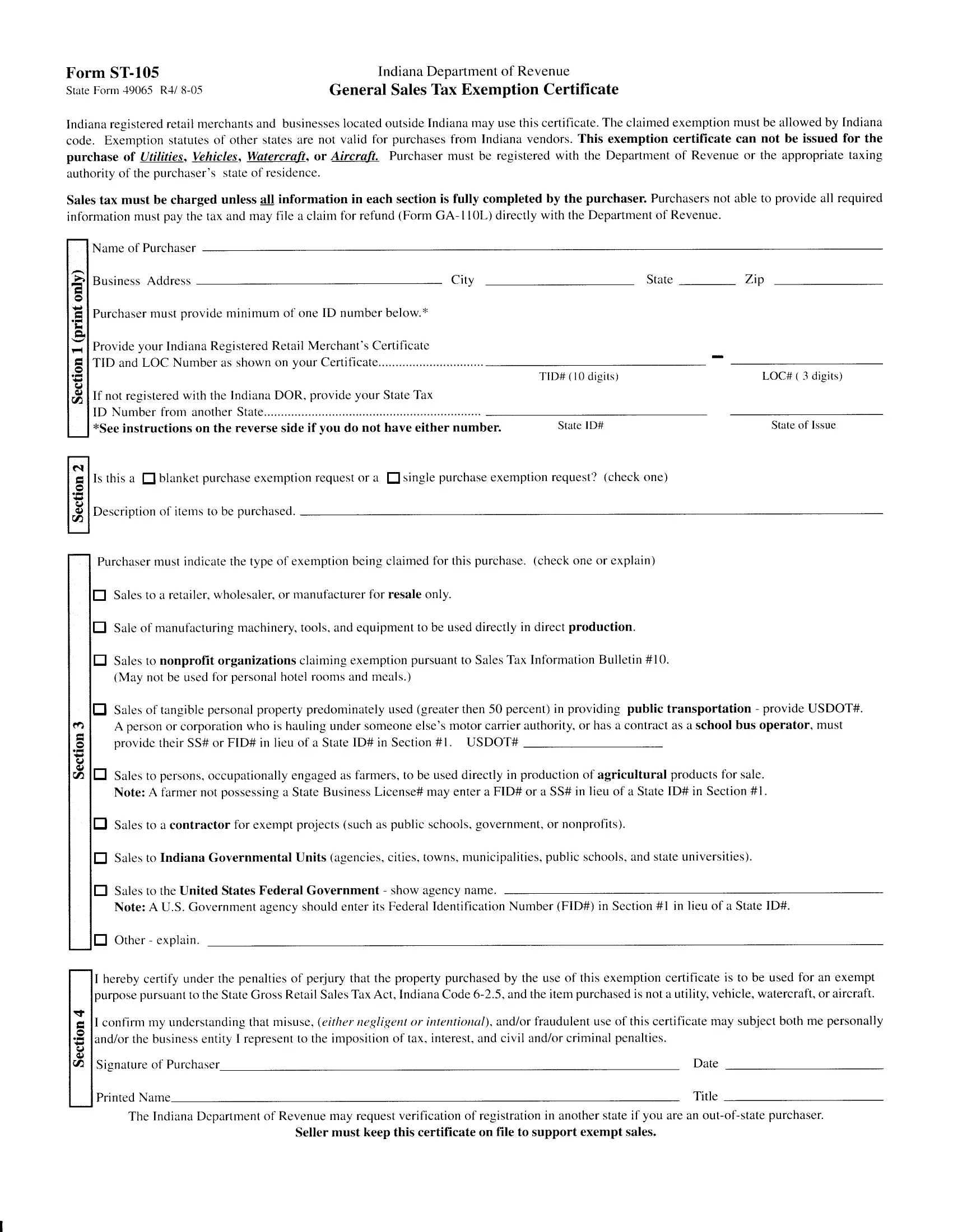 Indiana St105 Form Form