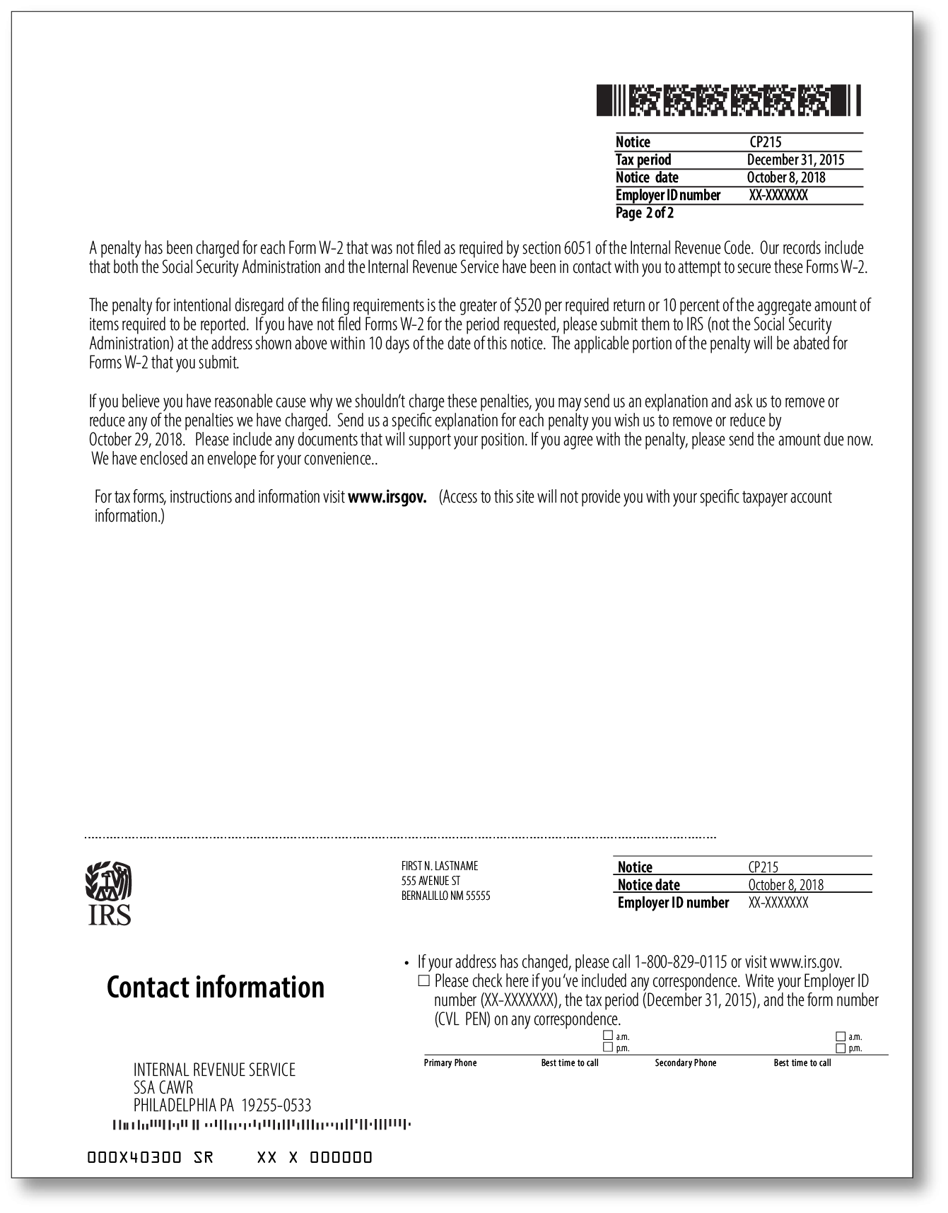 IRS Audit Letter CP215 Sample 2