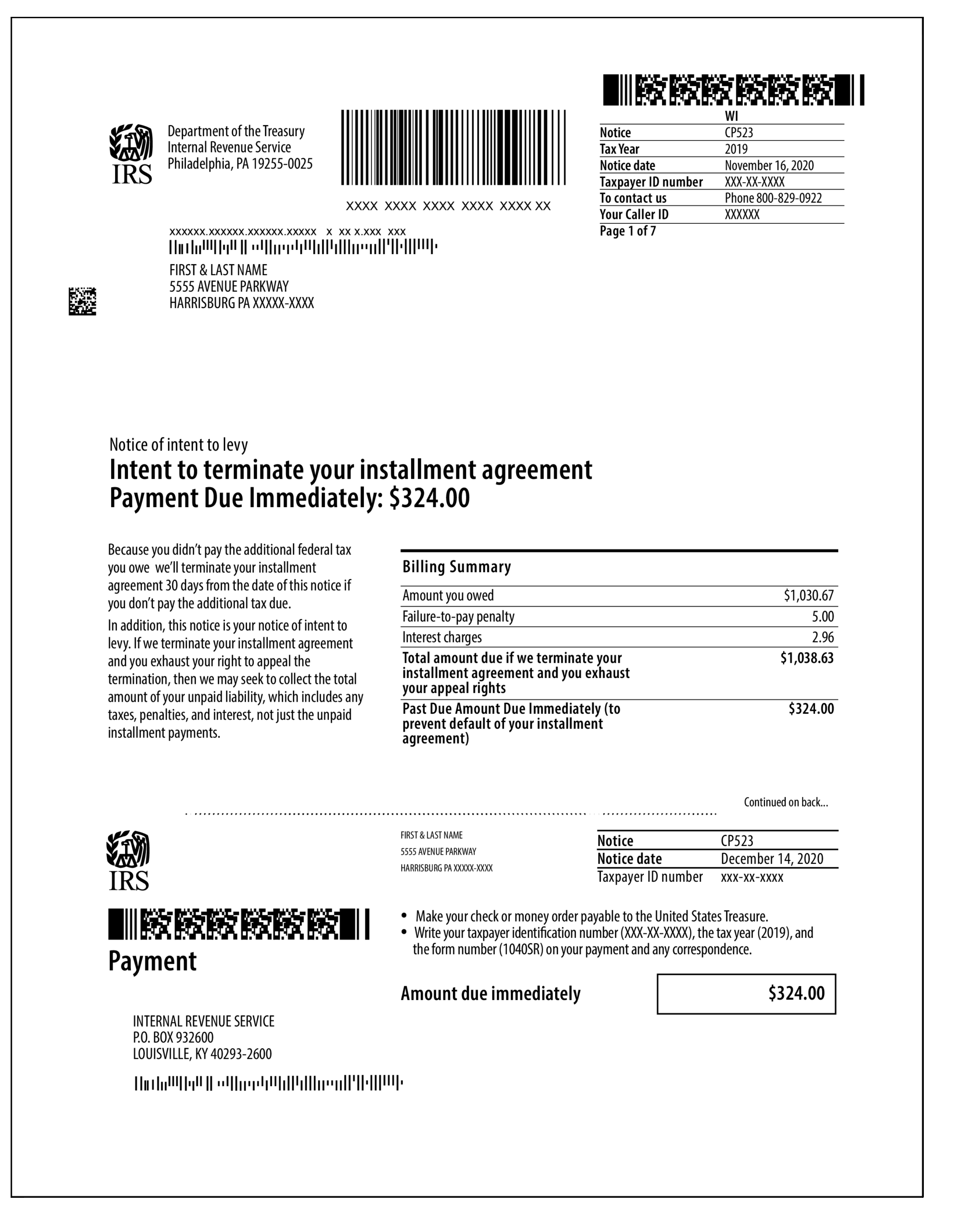 IRS CP523 Intent To Terminate Your Installment Agreement