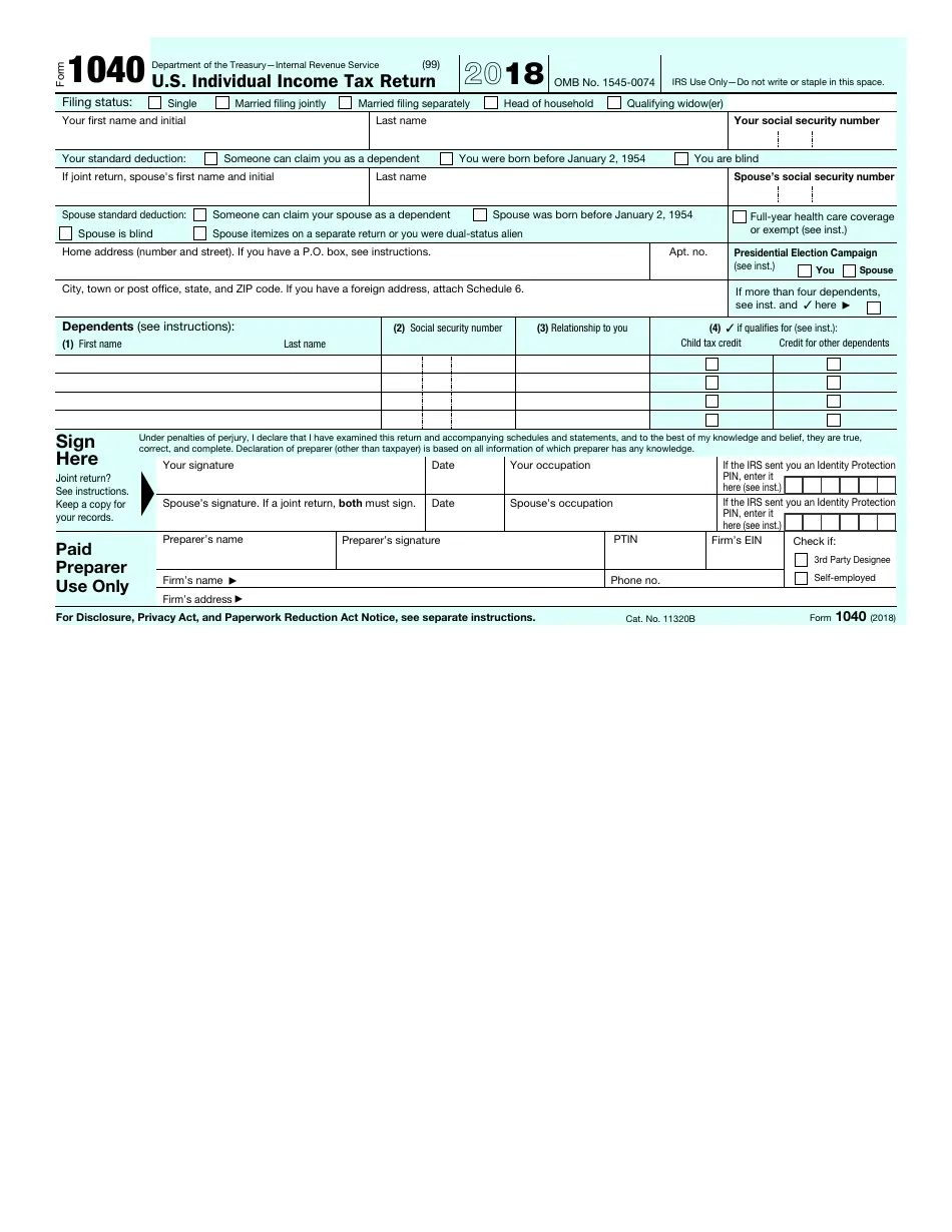 IRS Form 1040 2018 Fill Out Sign Online And Download Fillable 