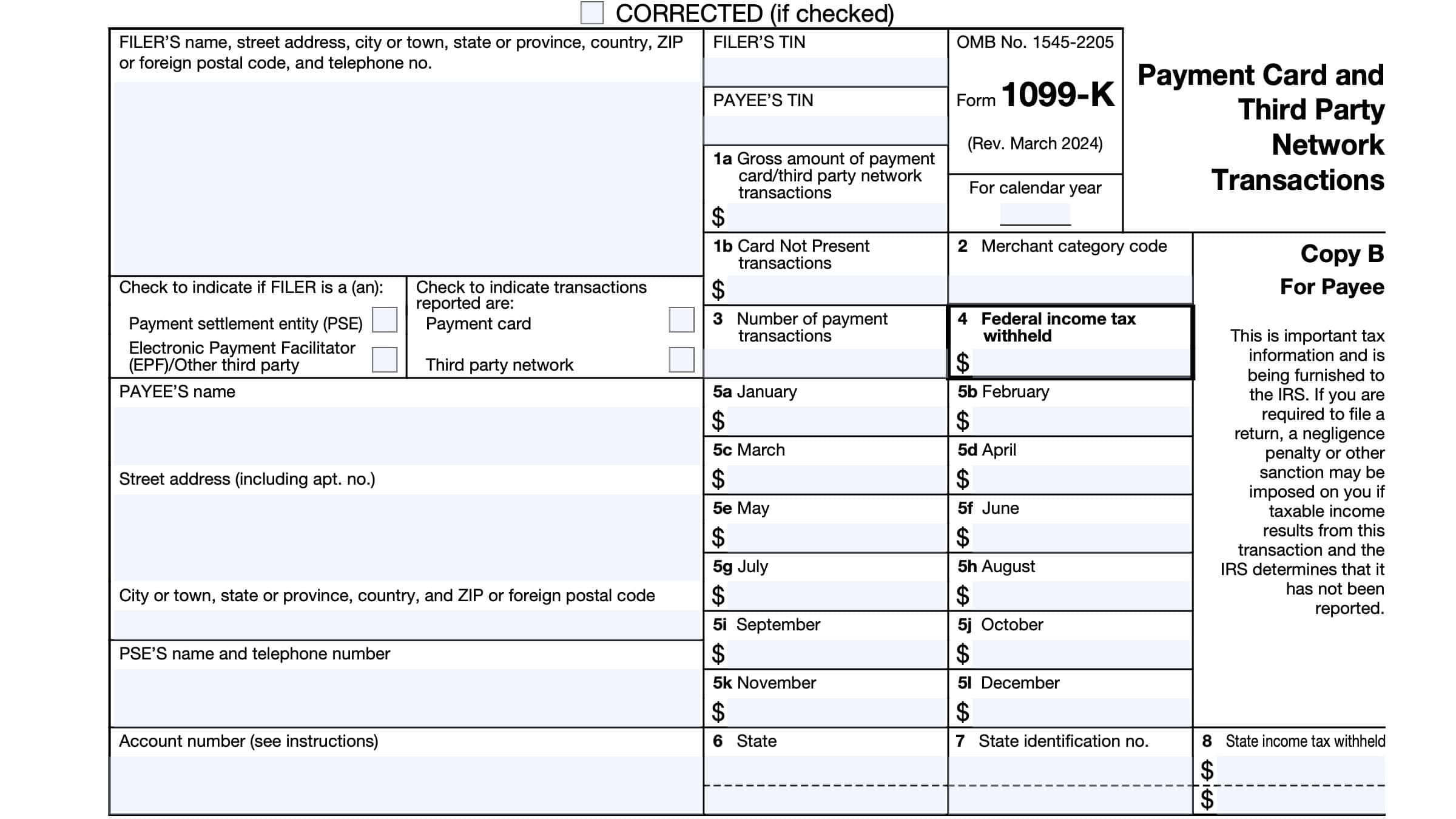 IRS Form 1099 K Instructions Payment Cards 3rd Party Networks