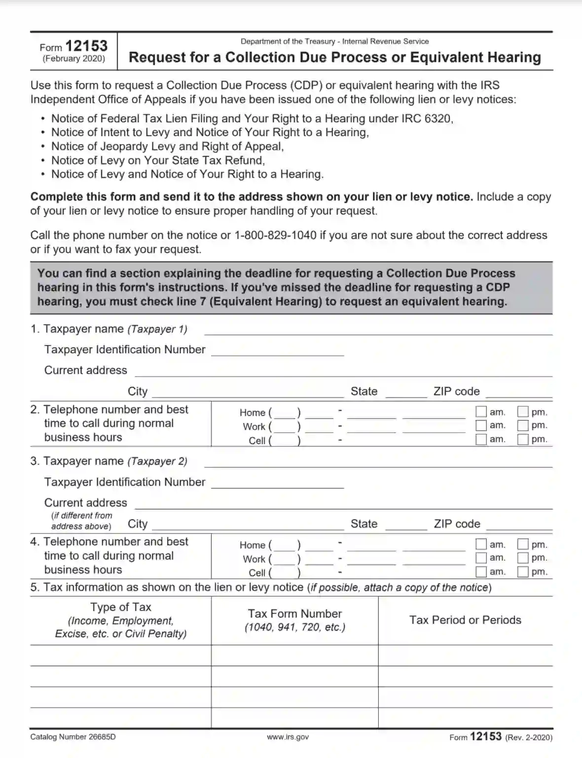 IRS Form 12153 Fill Out Printable PDF Forms Online
