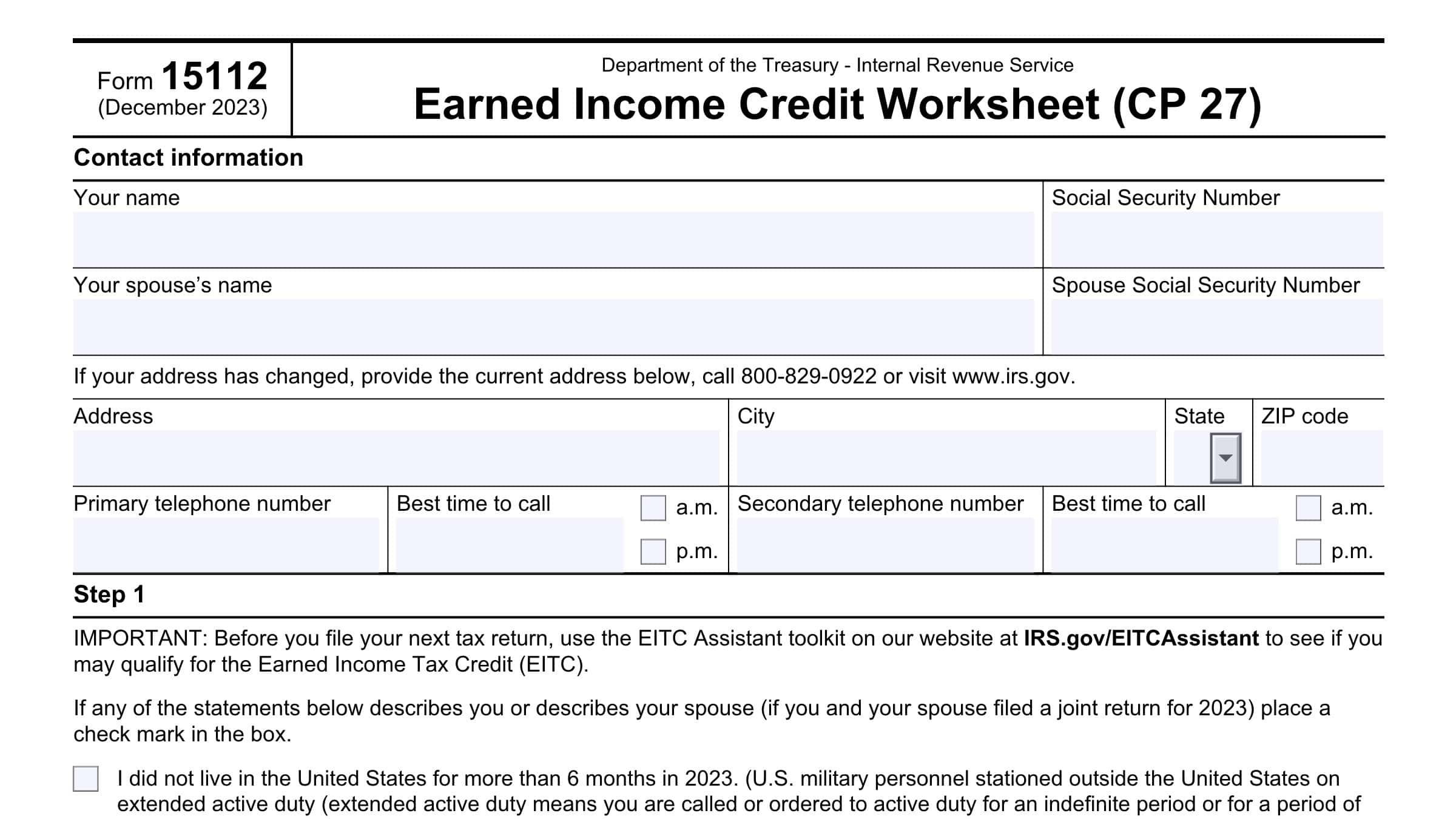 IRS Form 15112 Instructions EIC Worksheet CP27 