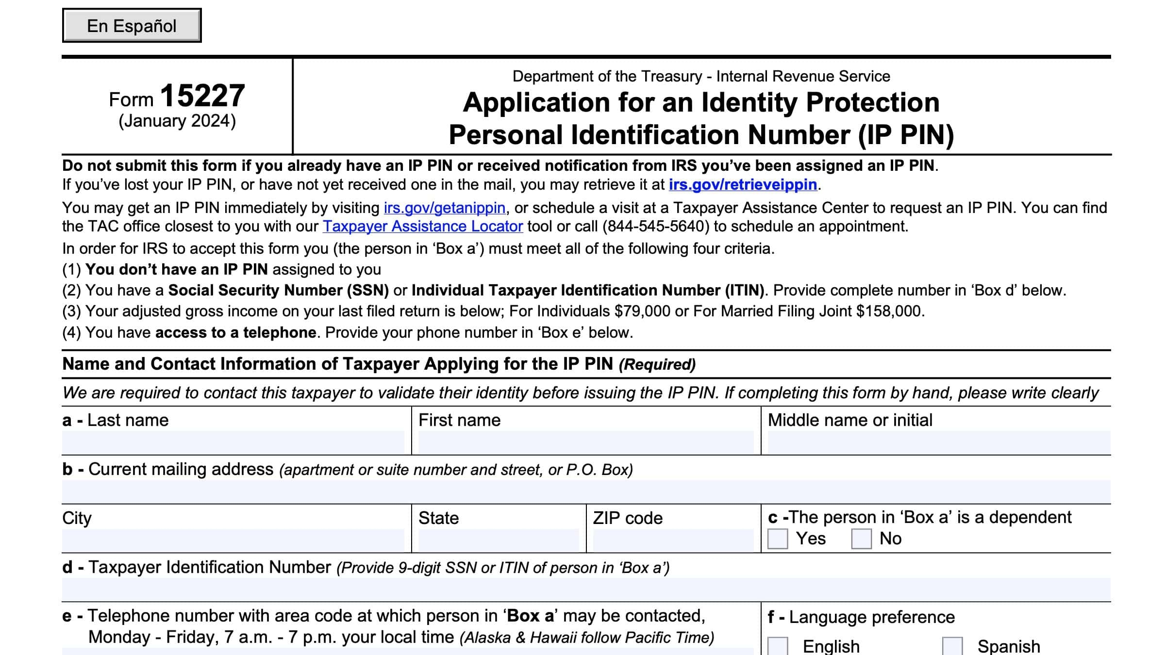 IRS Form 15227 Instructions Application For IP PIN