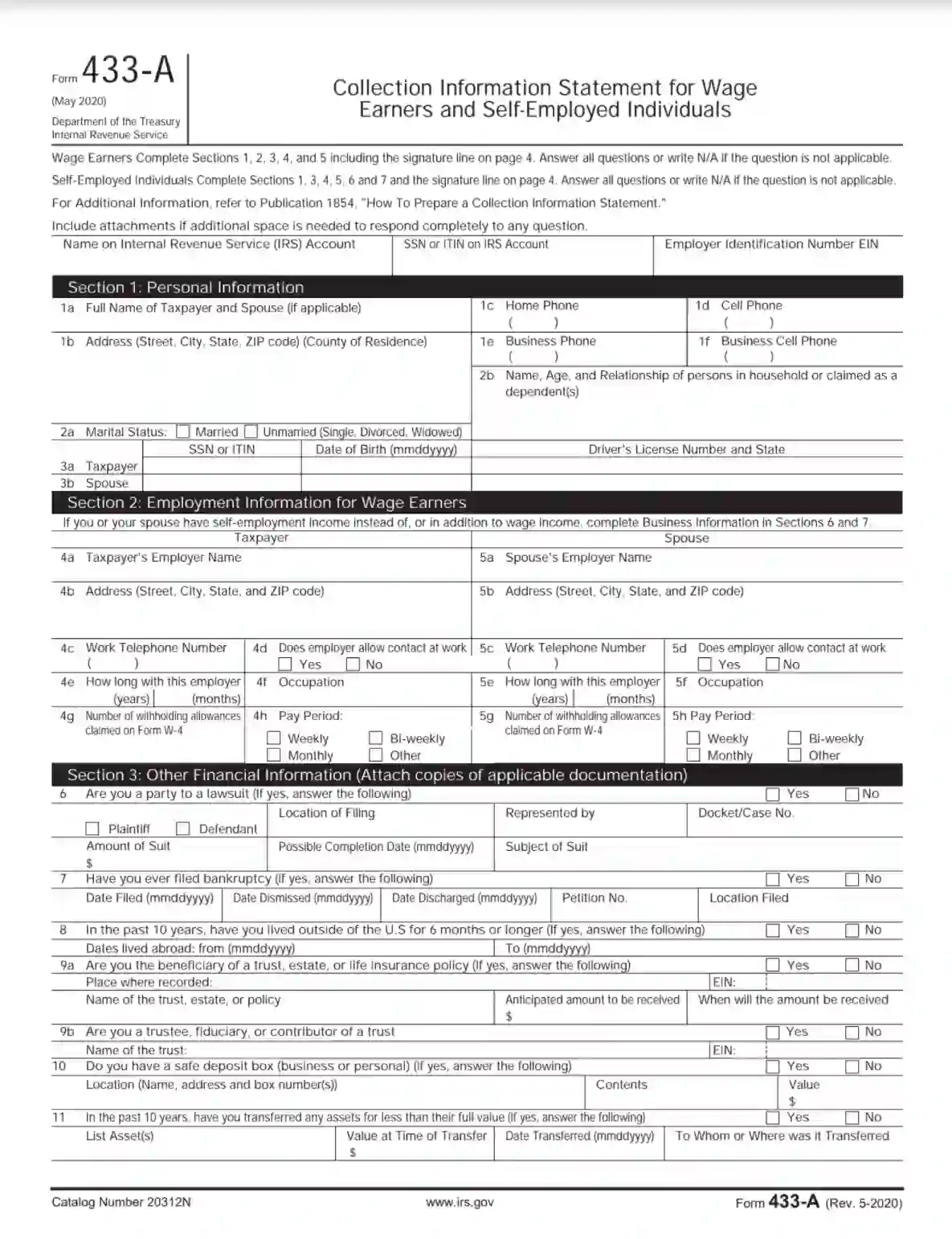 IRS Form 433 A Fill Out Printable PDF Forms Online