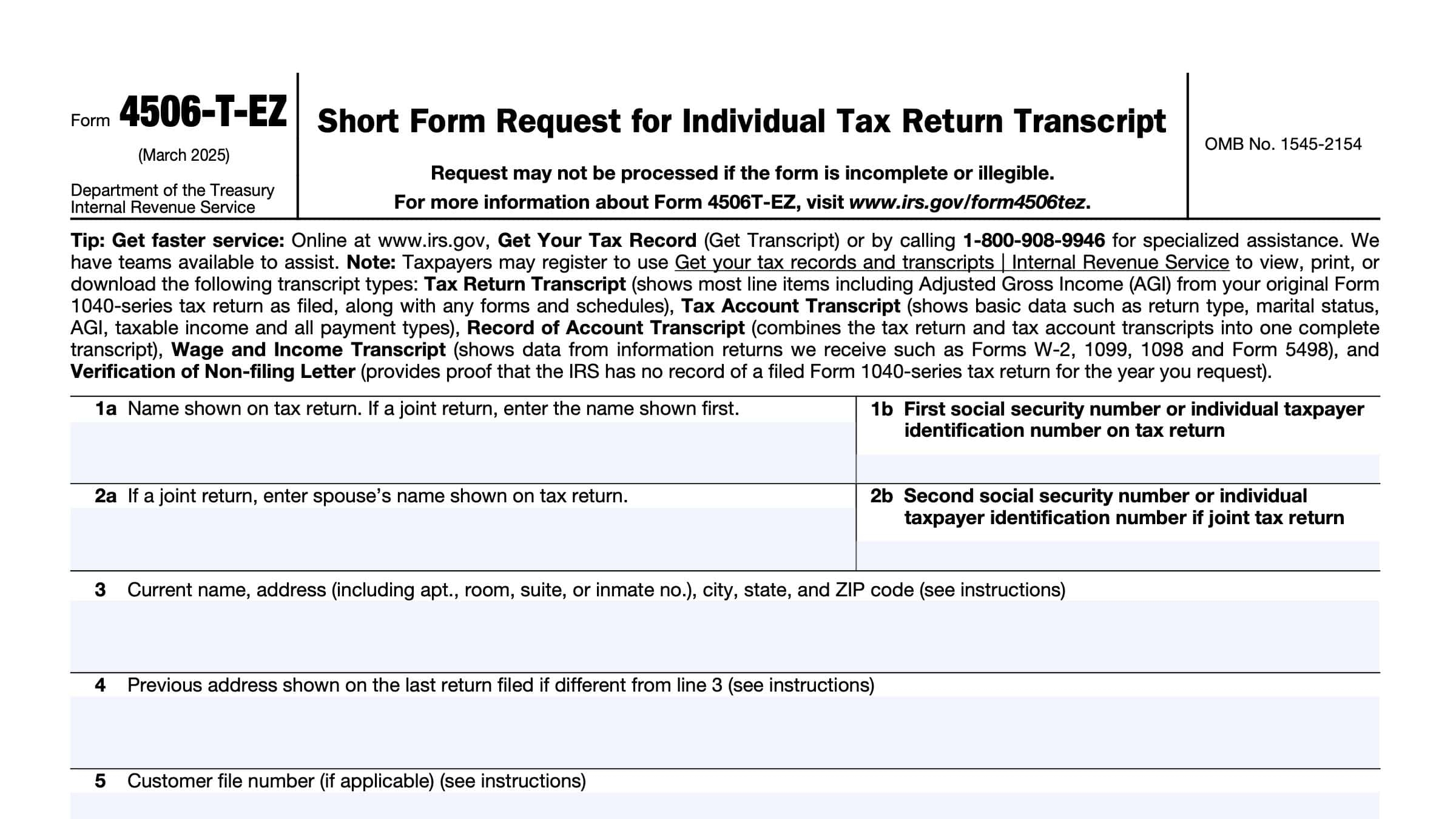 IRS Form 4506 T EZ Instructions