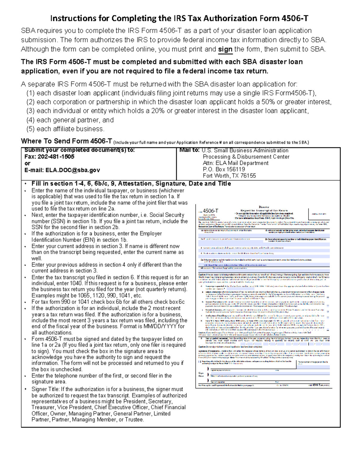 IRS Form 4506 T Instructions For Disaster Loan Application ELA2001 
