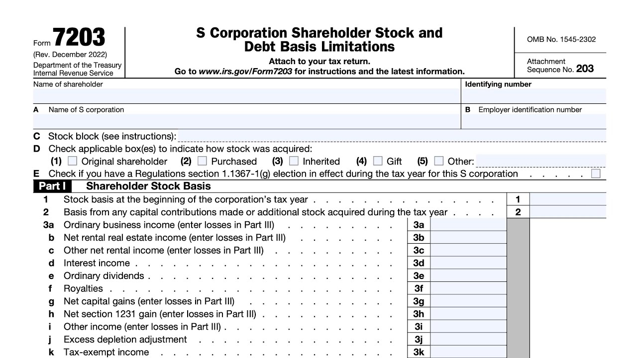 IRS Form 7203 Walkthrough S Corporation Shareholder Stock And Debt Basis Limitations 