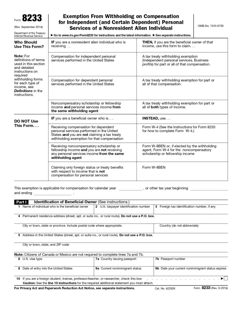 IRS Form 8233 Explained Claim Tax Treaty Benefits As A 