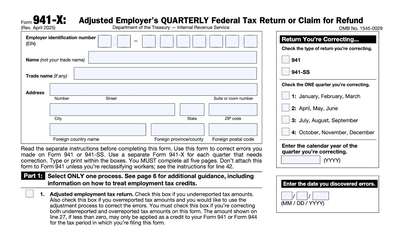 IRS Form 941 X Walkthrough Adjusted Employer s QUARTERLY Federal Tax Return Or Claim For Refund 