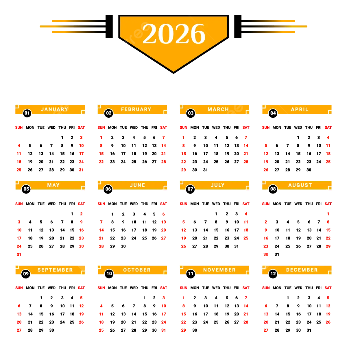 Jahreskalender 2026 Mit Schwarzer Und Gelber Geometrischer Form 