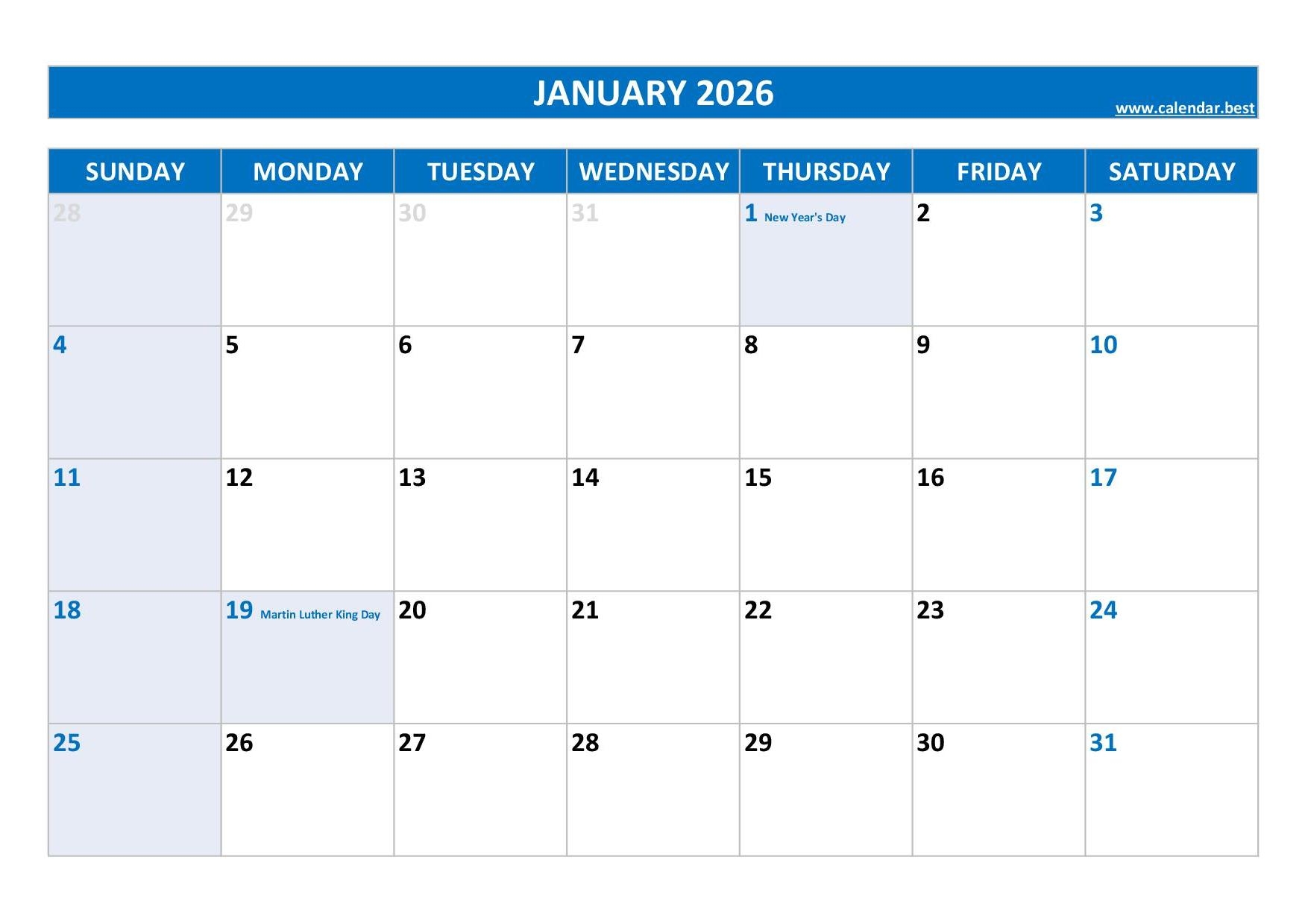 January 2026 Calendar With Holidays Printable