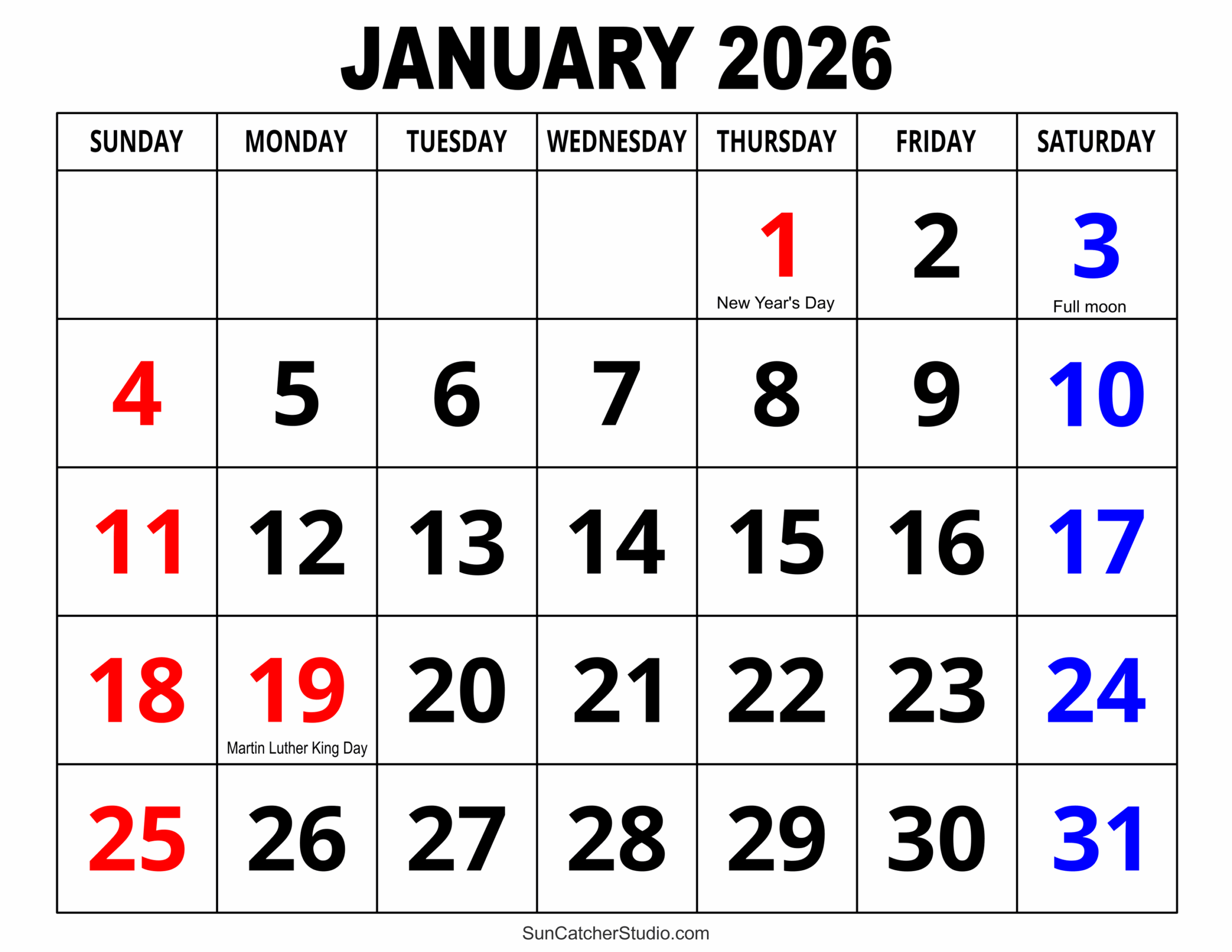 Jan 2026 Printable Calendar Free