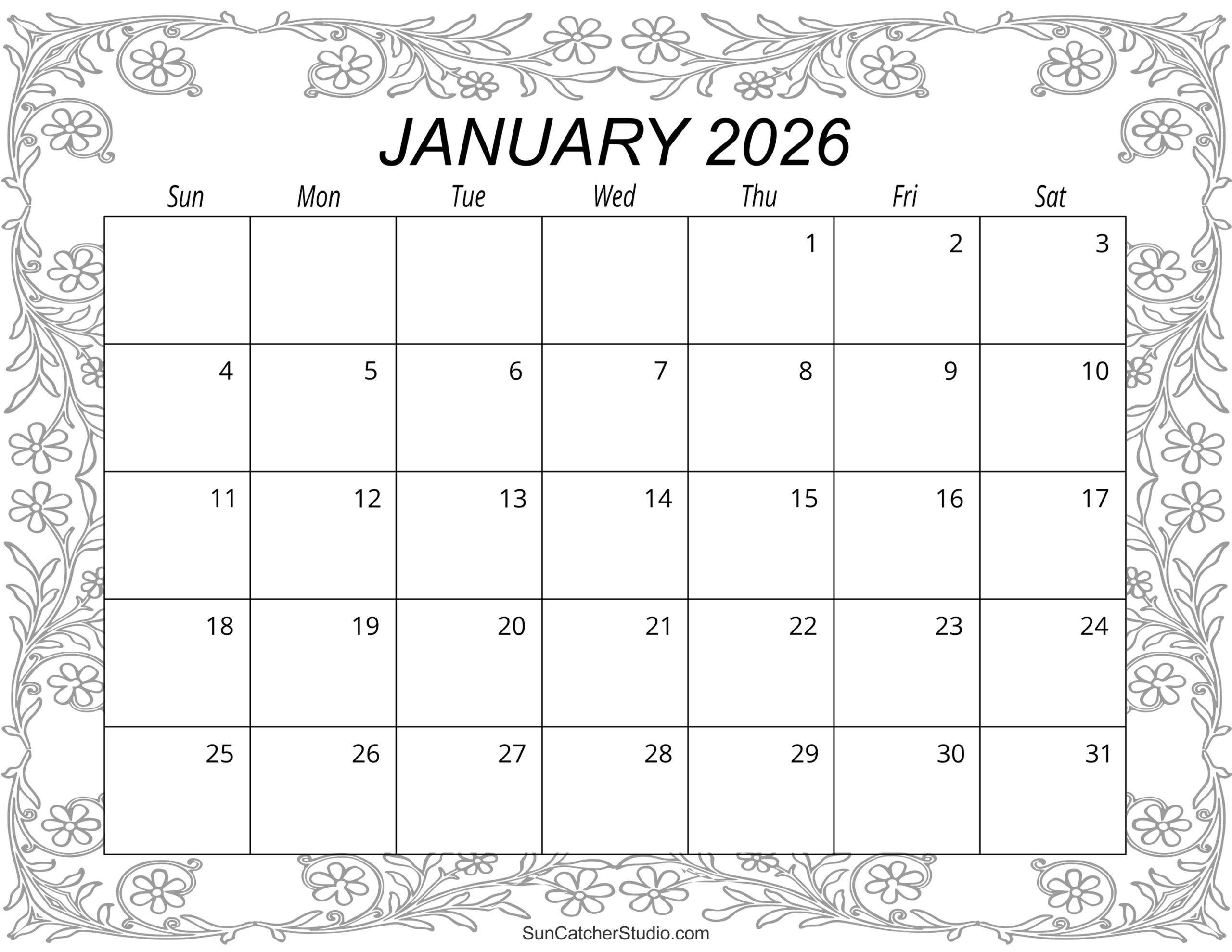 December January Calendar 2026 Printable