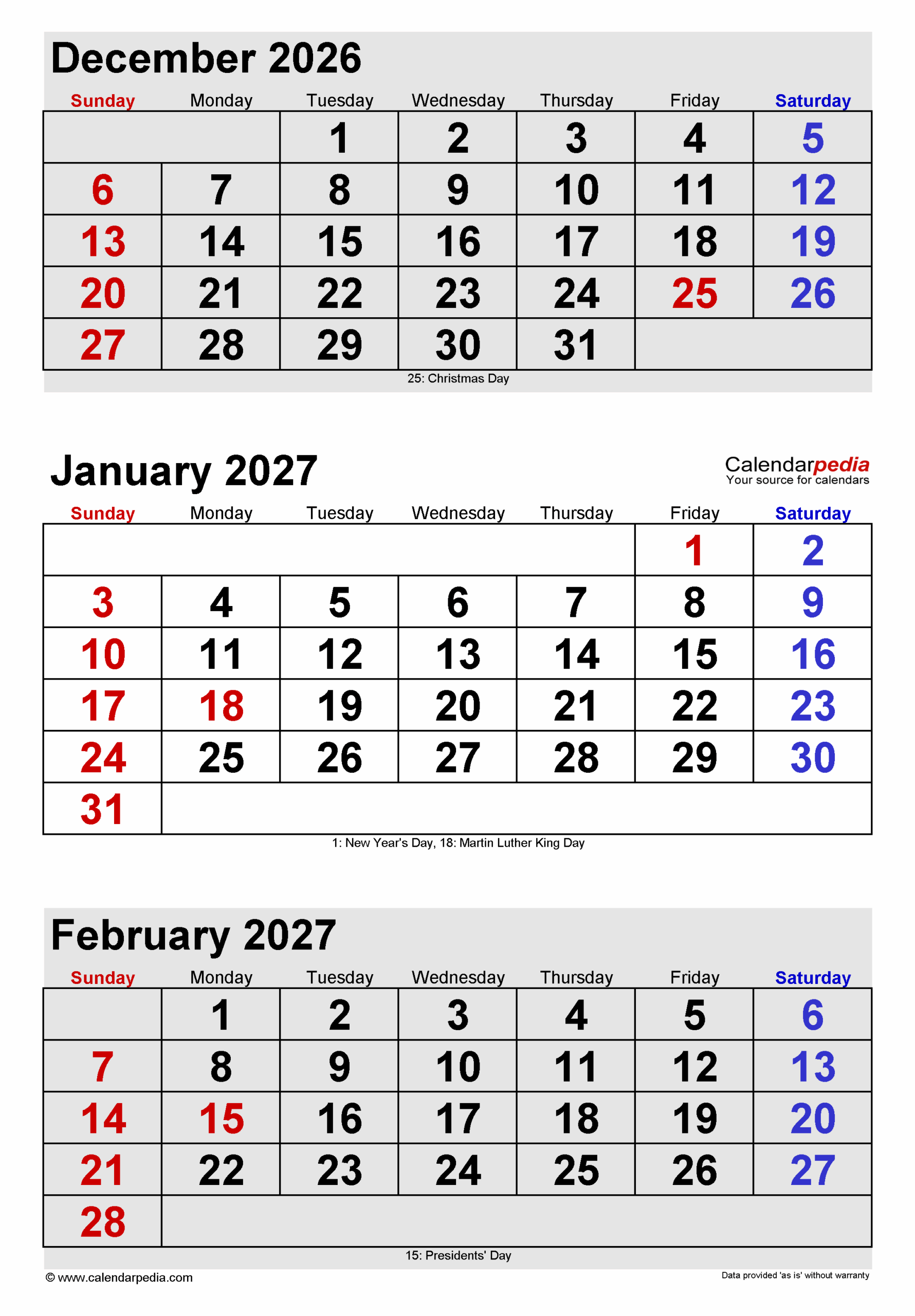 December 2026 January 2027 Calendar Printable
