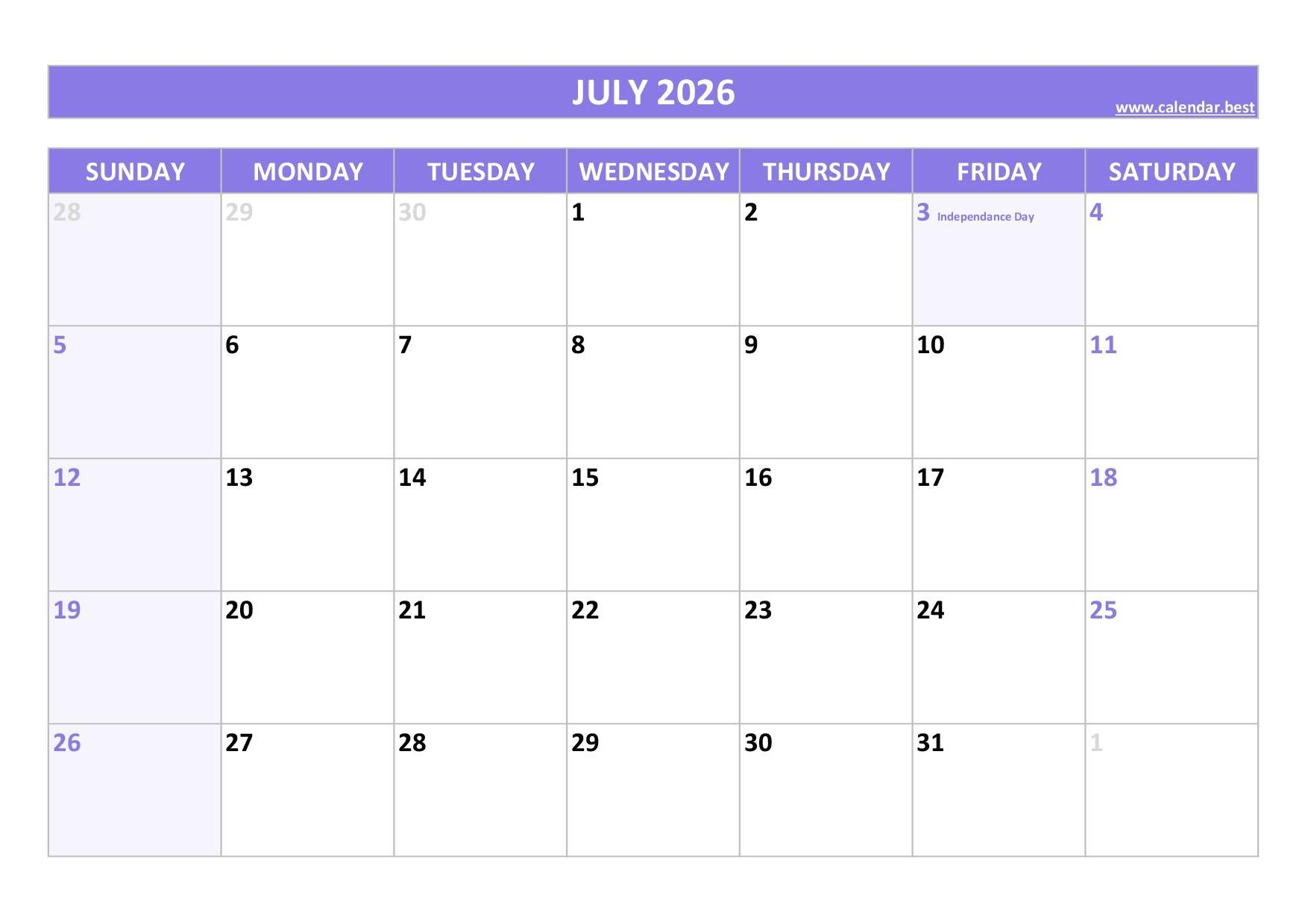 July Blank Calendar 2026 Landscape