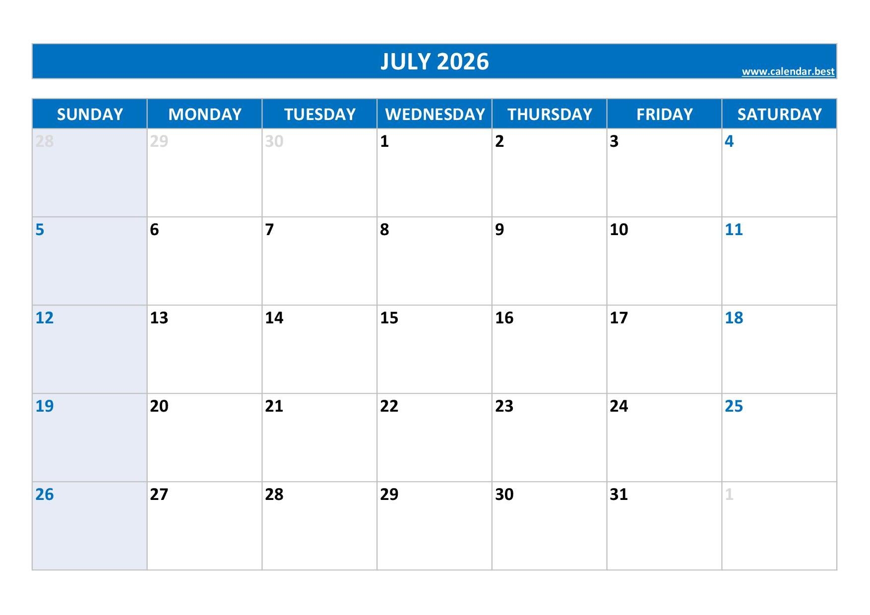July 2026 Calendar Template Word