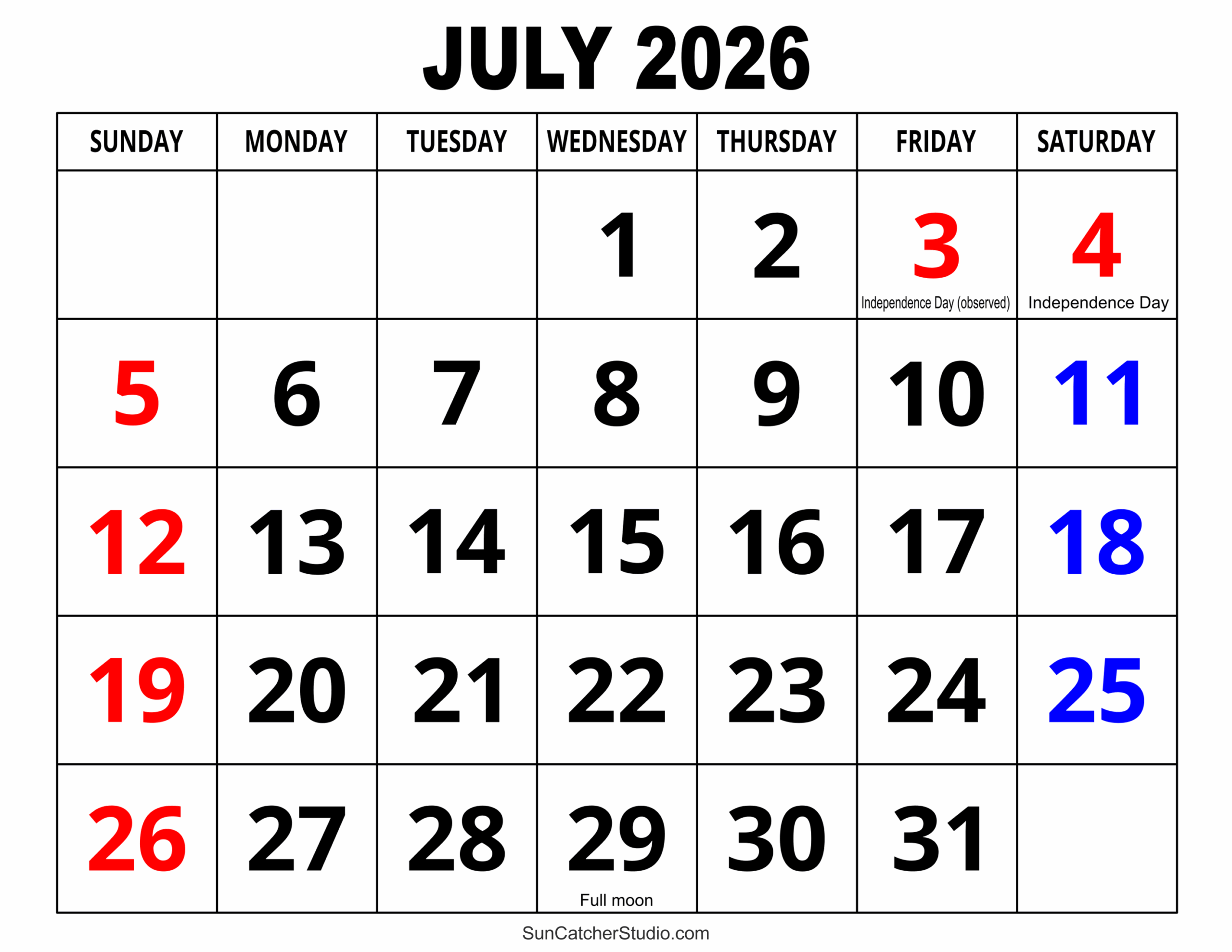 Printable July Blank Calendar 2026