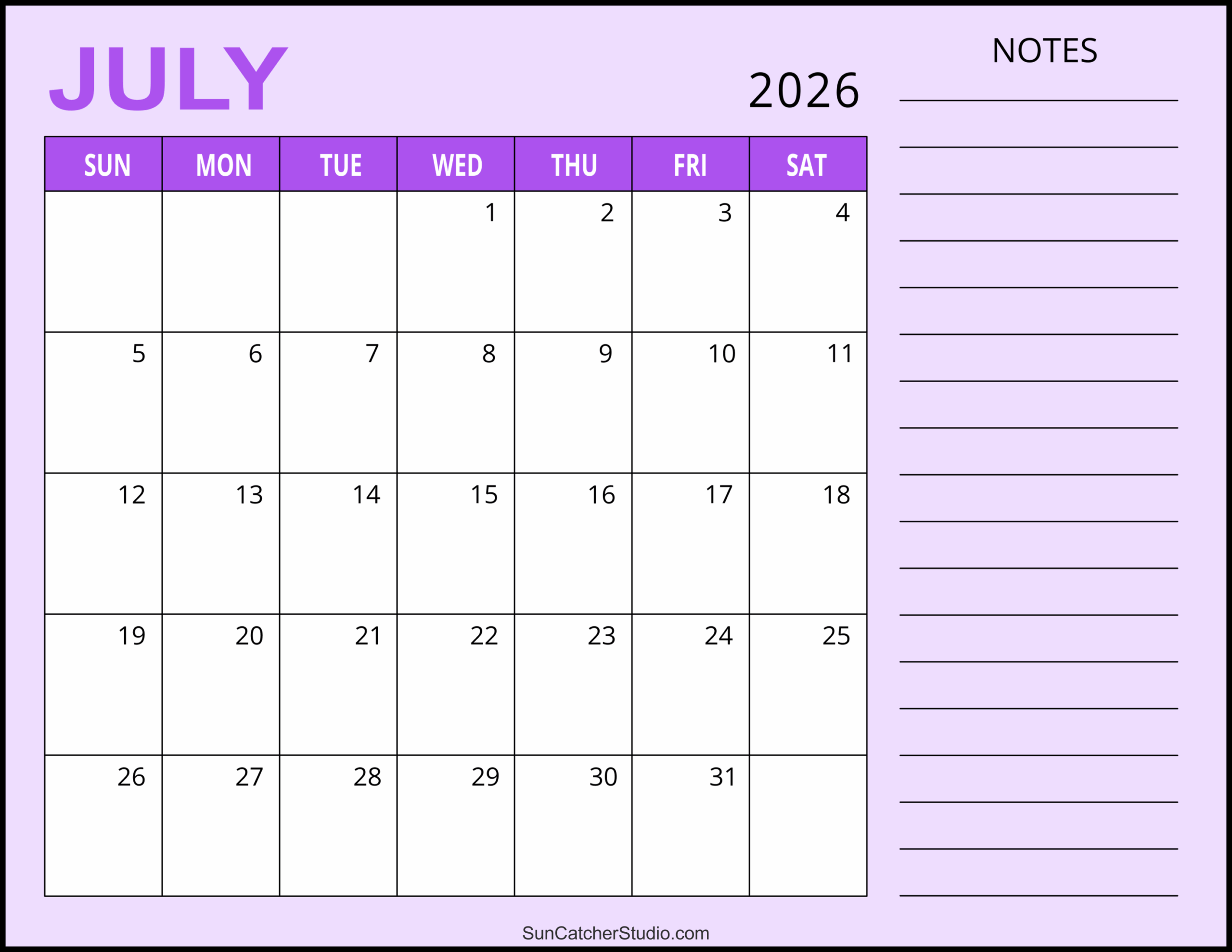 Blank Printable Calendar July 2026