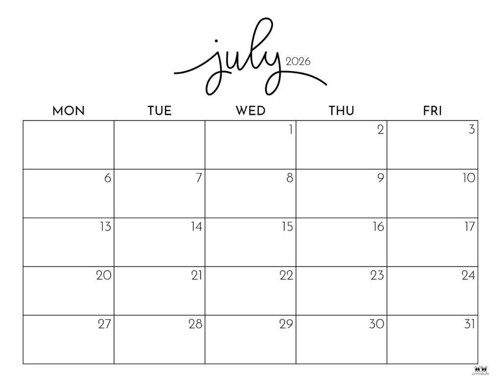 July 2026 Calendars 123 FREE Printables Printabulls