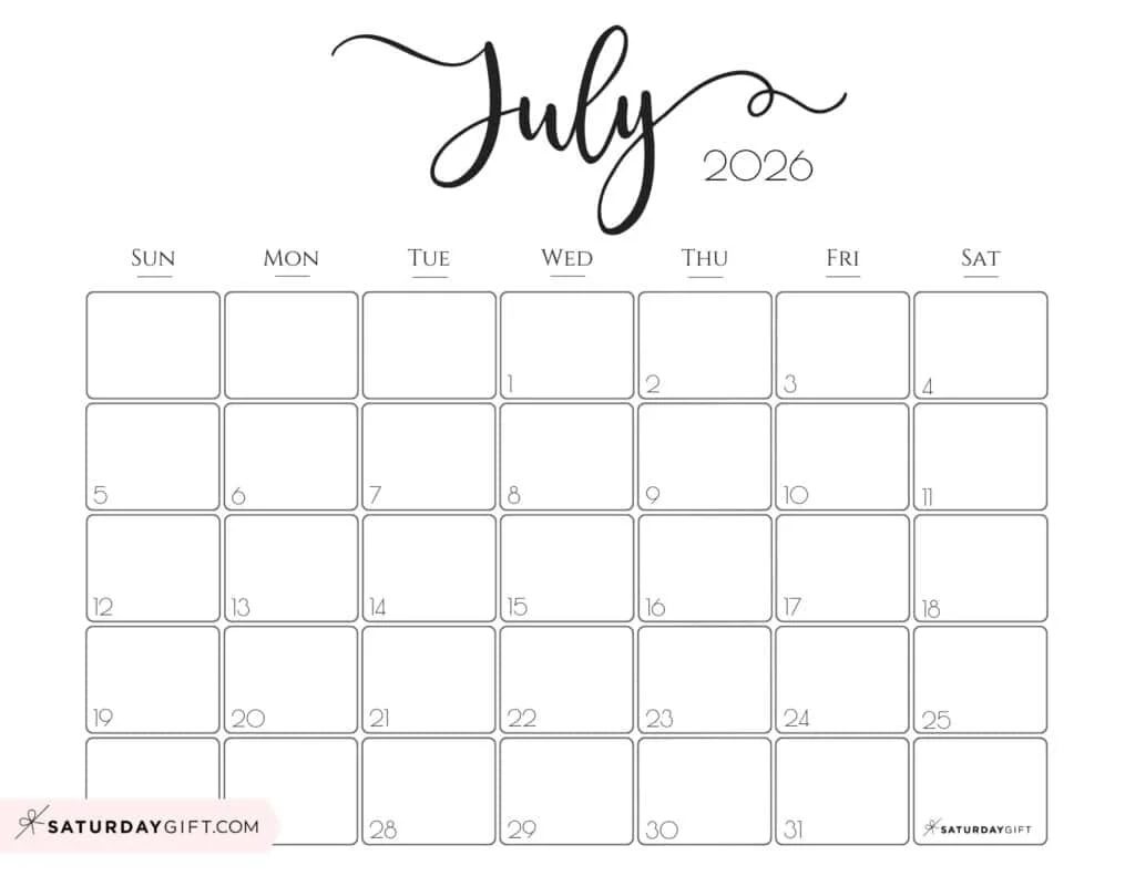 July 2026 Calendars 23 Cute Free Printable PDFs By SaturdayGift