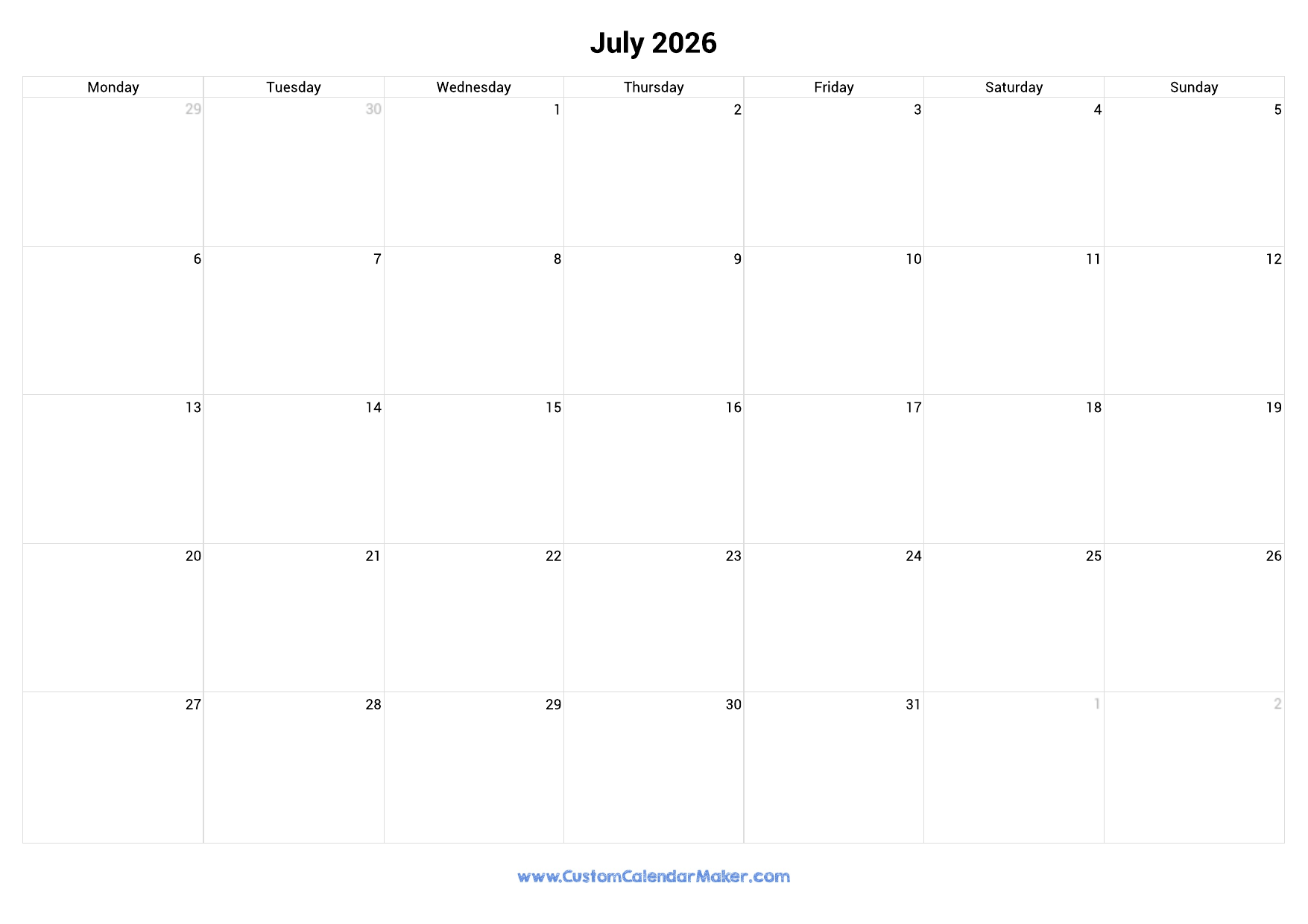 July 2026 Monday Start Calendar Monday To Sunday Custom 
