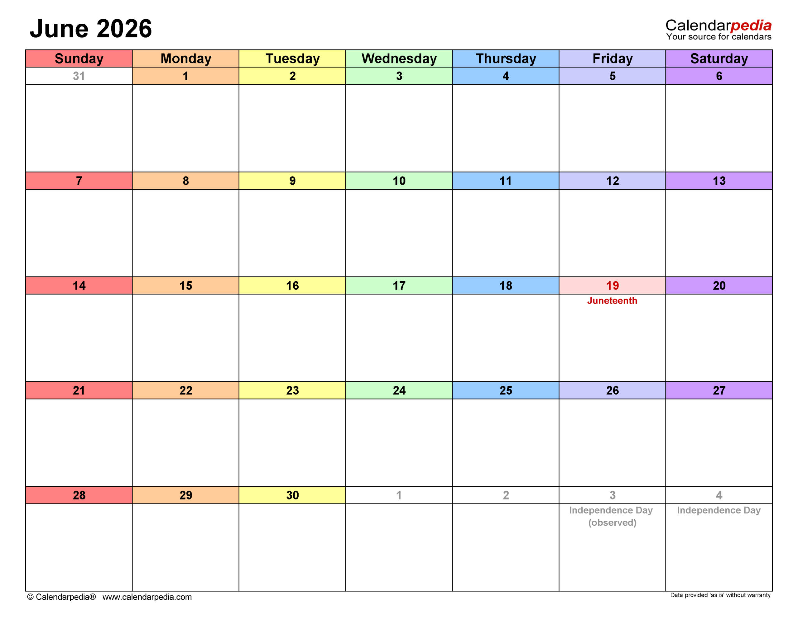 June 2026 Calendar Templates For PDF Excel And Word