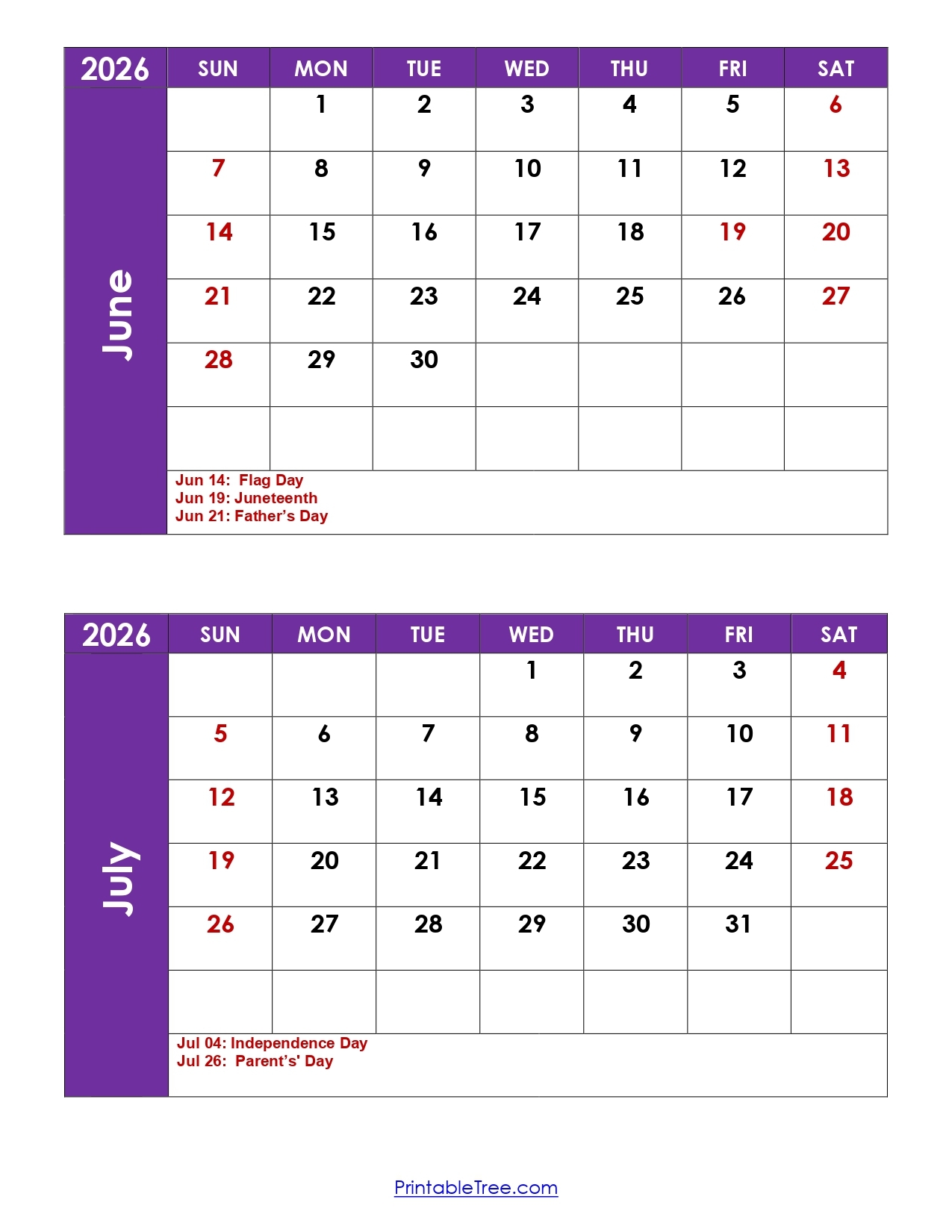 Printable Calendar July 2026 To June 2027