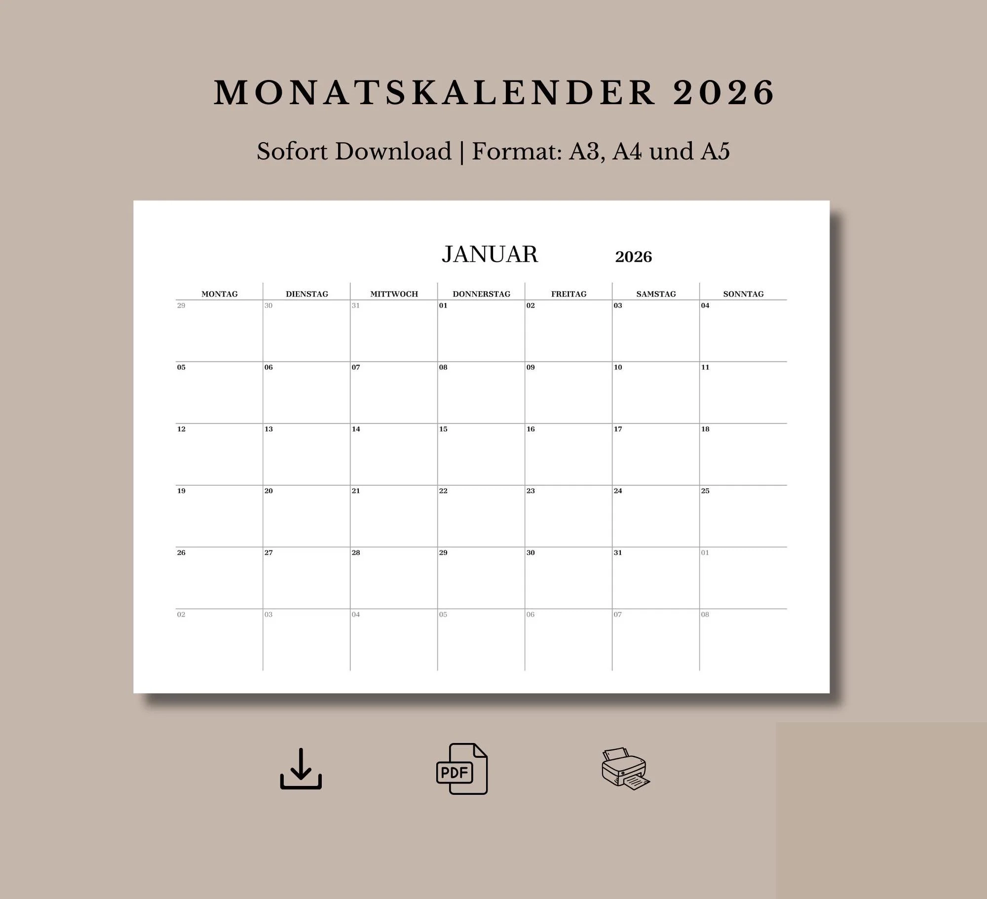 Kalender 2026 Zum Ausdrucken PDF Monatskalender Zum Sofort 