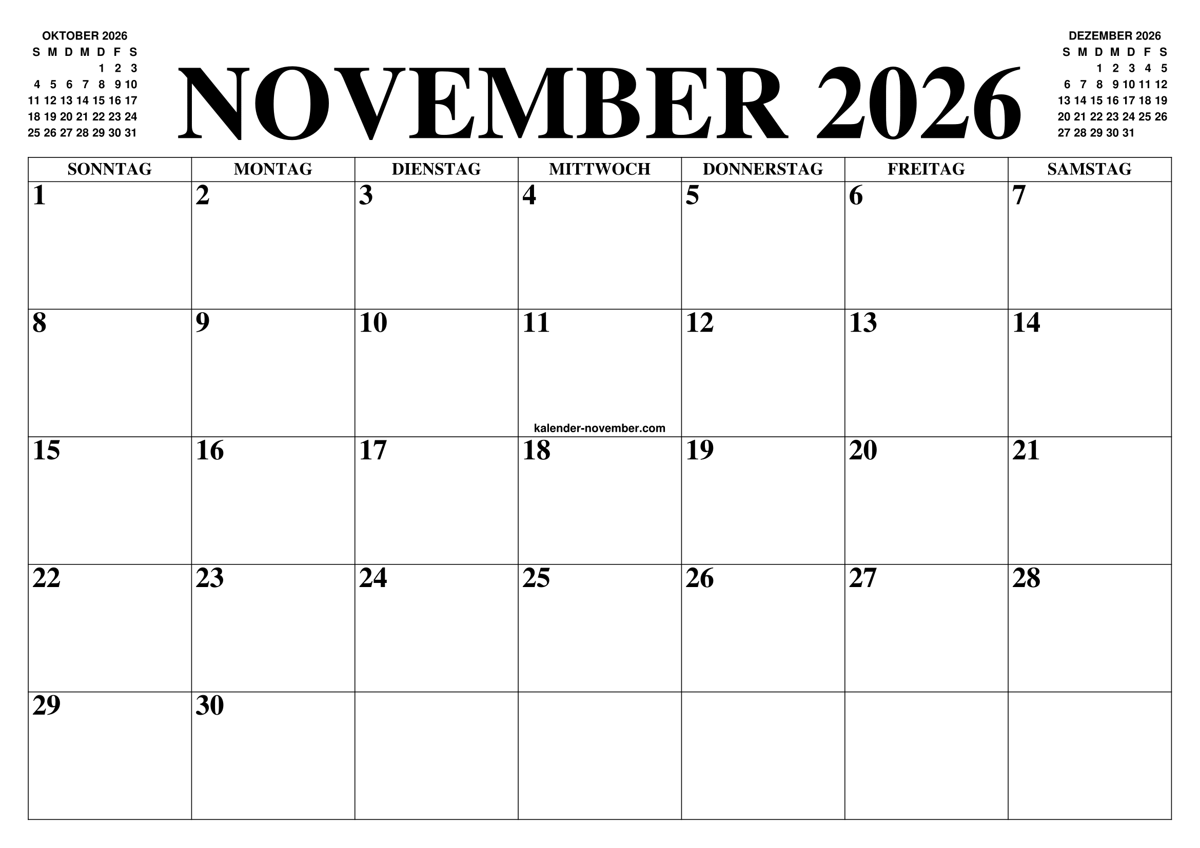 KALENDER NOVEMBER 2026 NOVEMBER KALENDER ZUM AUSDRUCKEN GRATIS 