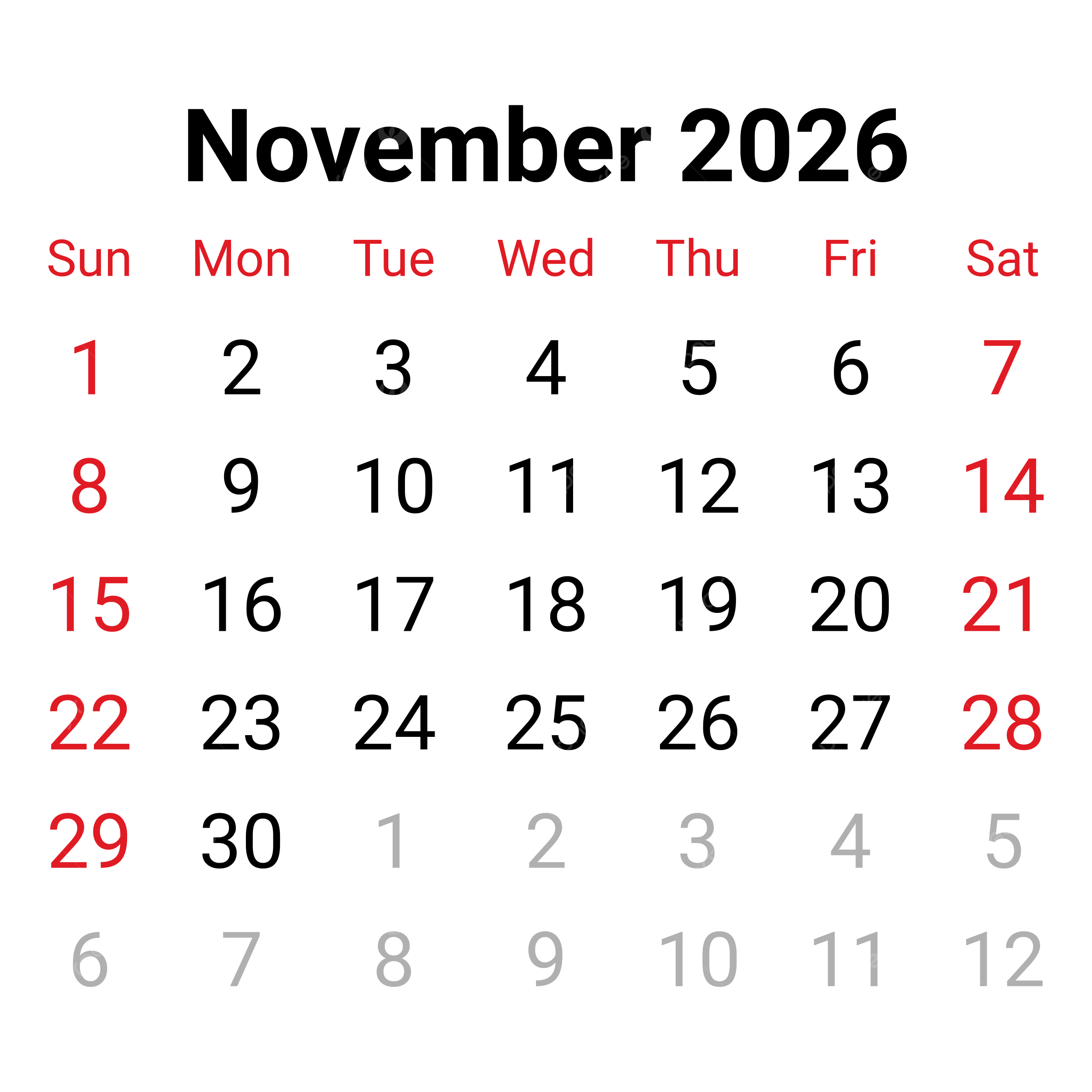 November 2026 Calendar Png