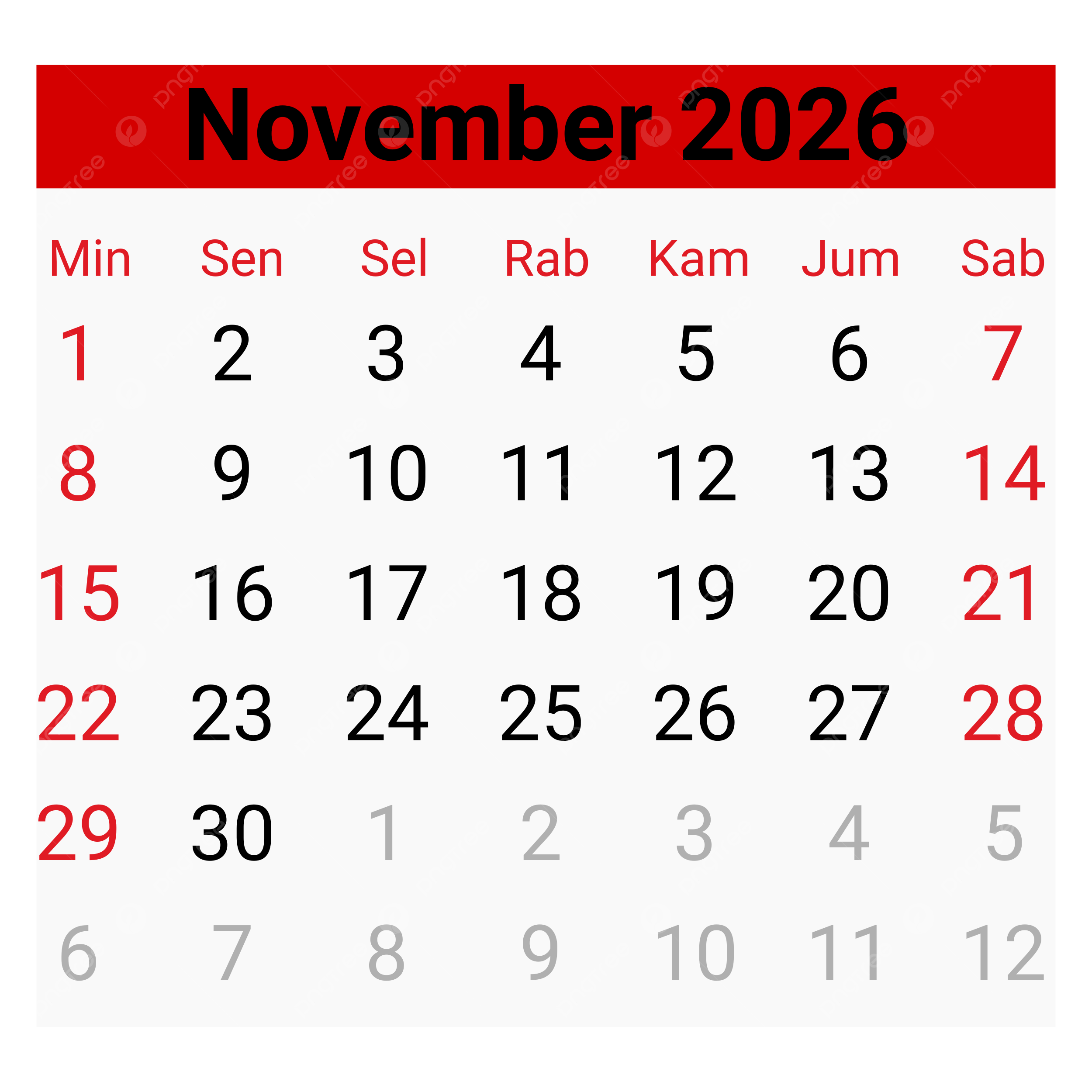 Kalender November 2026 Vektor Kalender November 2026 November 