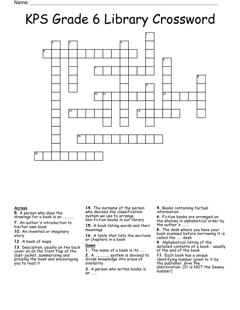 KPS Grade 6 Library Crossword WordMint