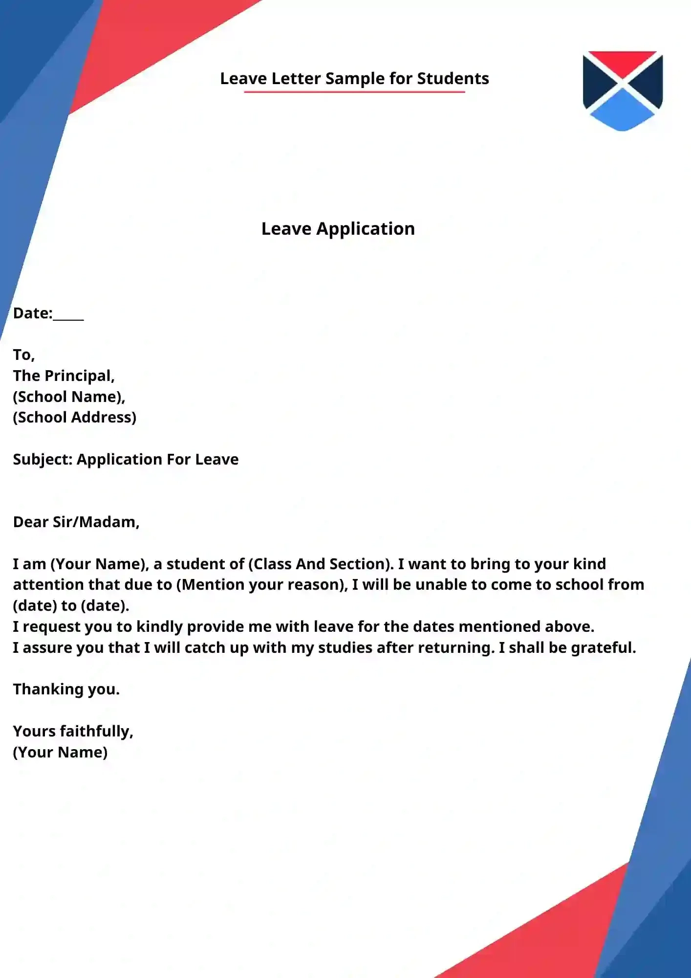 Leave Letter For School Check Format Samples Getmyuni