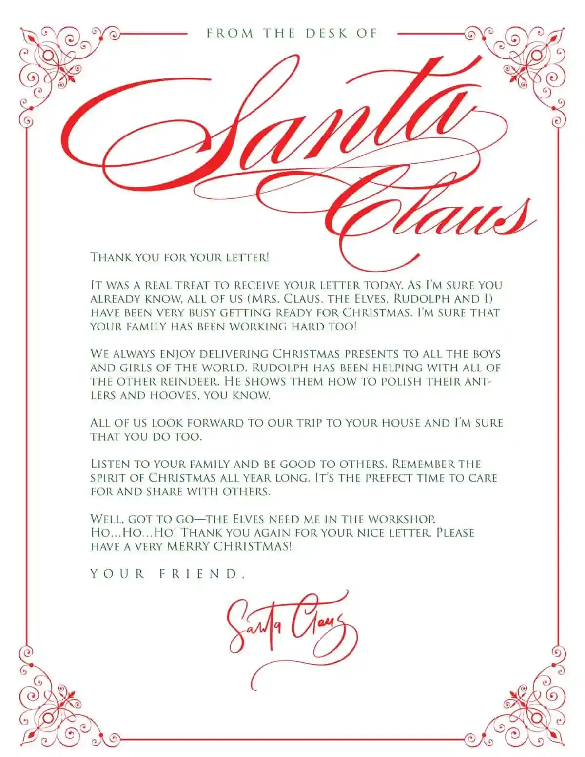 Printable Letter From Santa Template Free