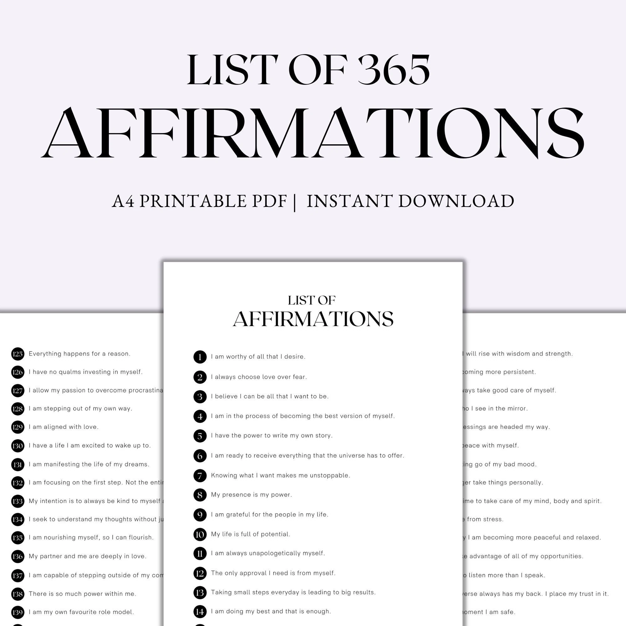 List Of 365 Affirmations Affirmations Printable Positive 