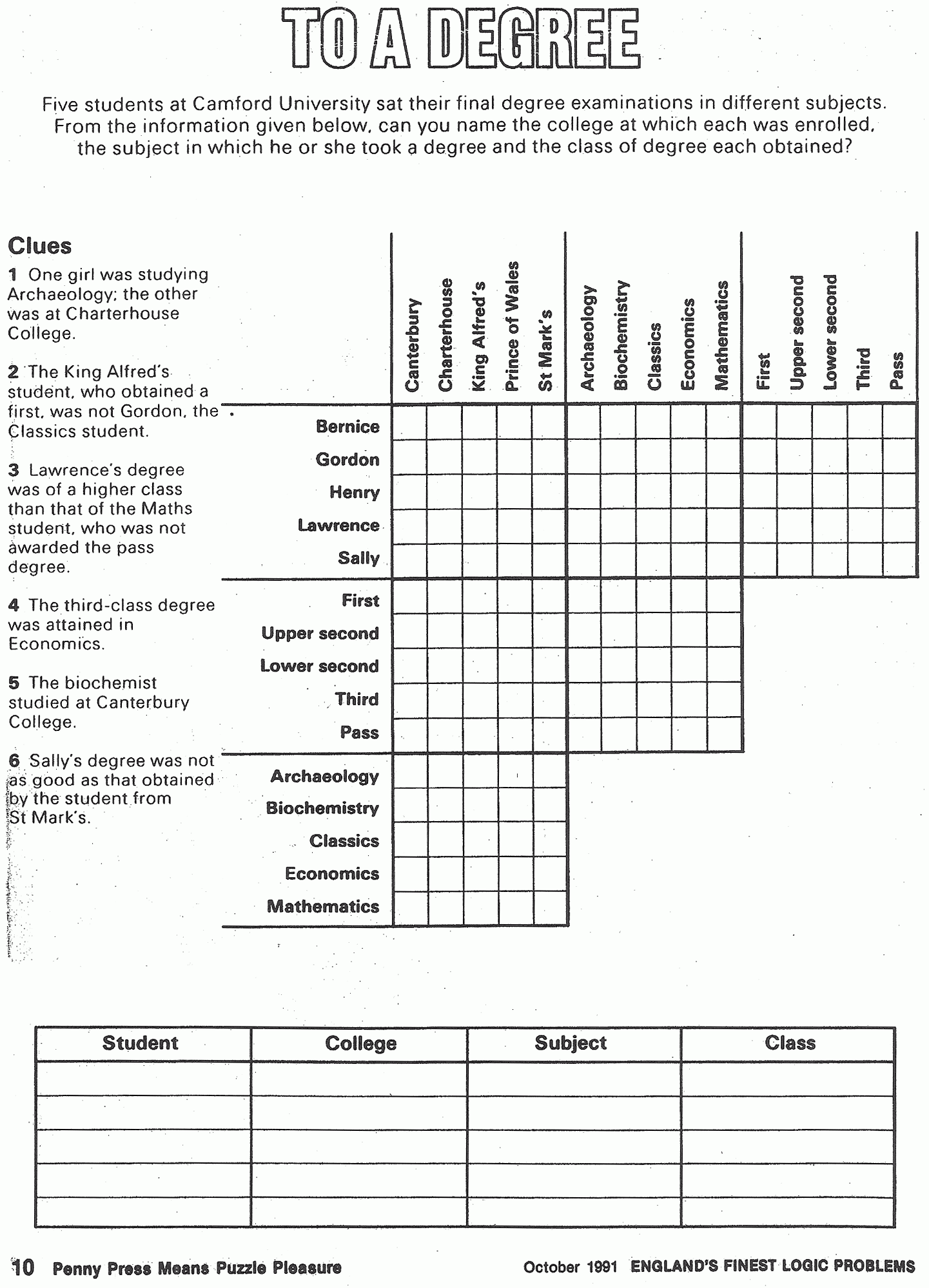 Logic Grid Puzzles Printable