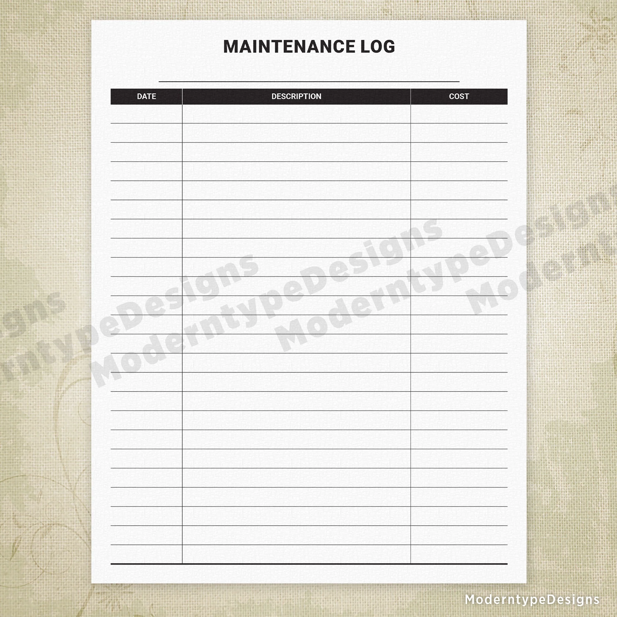 Maintenance Log For The Home Or Office Printable