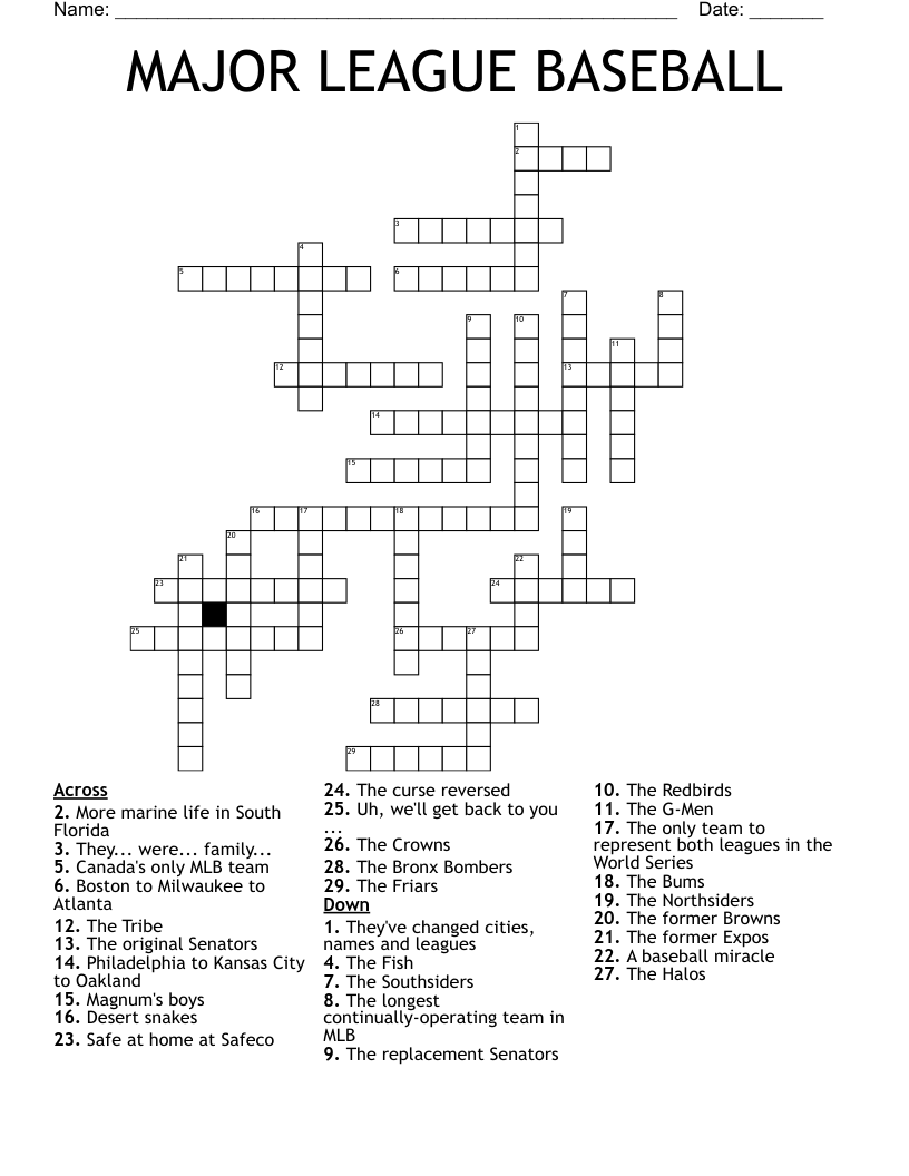 Baseball Crossword Puzzle For Kids