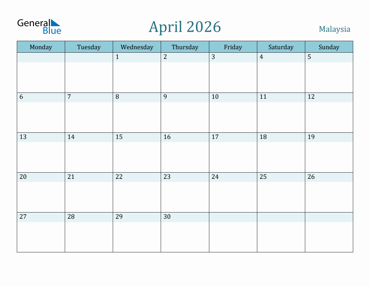 Malaysia Holiday Calendar For April 2026 Monday Start 