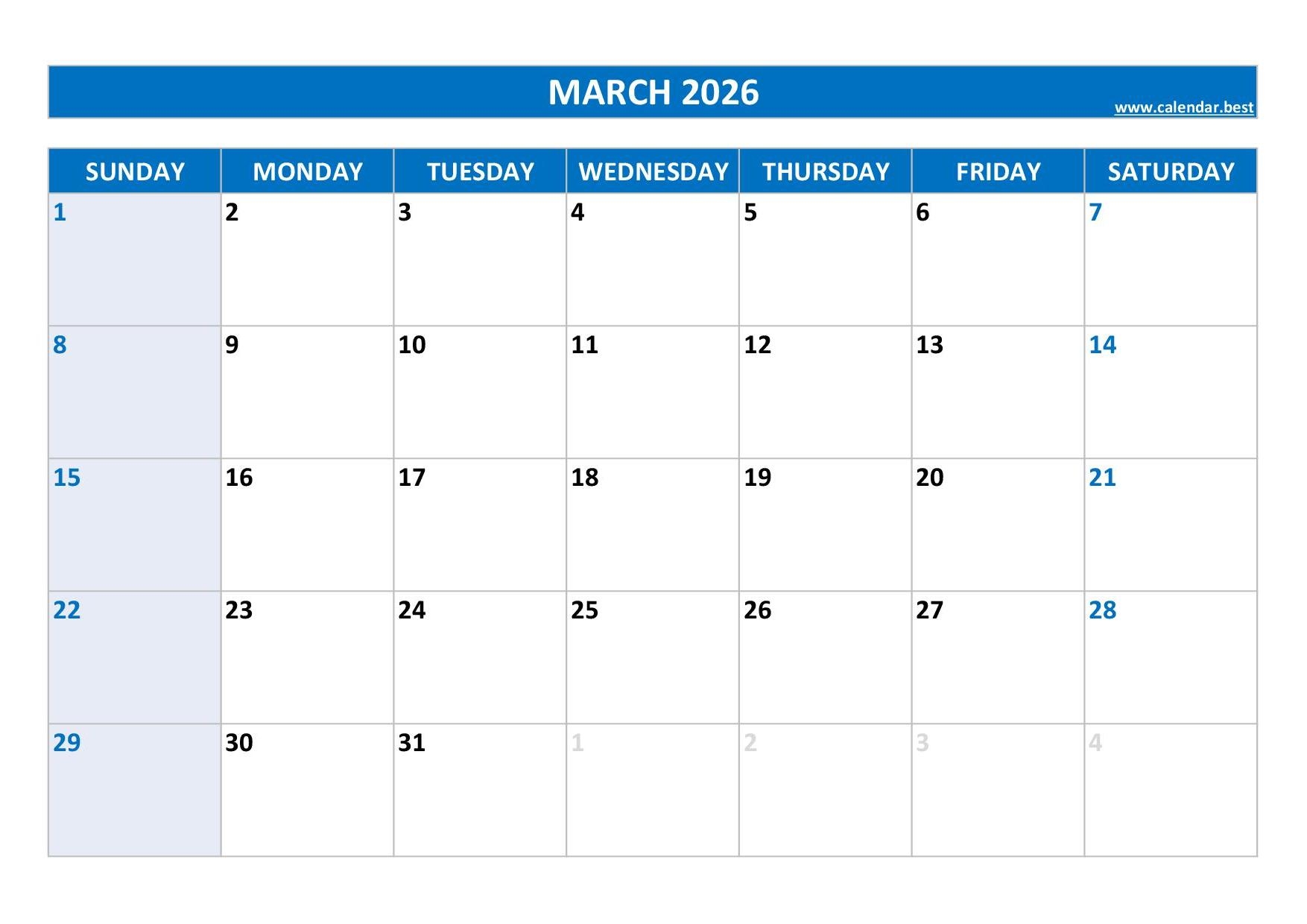 Free Printable Monthly Calendar March 2026