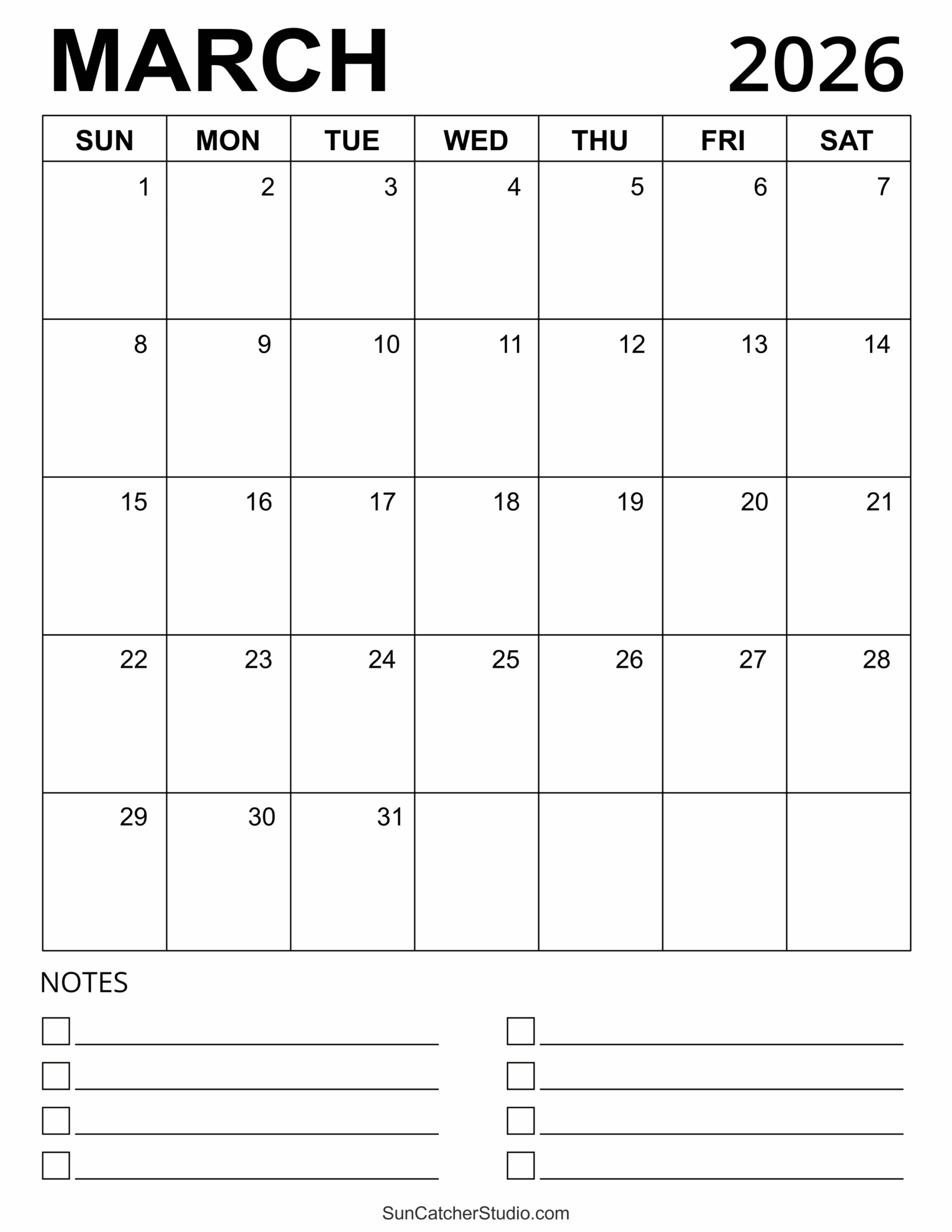 Monthly Calendar March 2026 Printable Free
