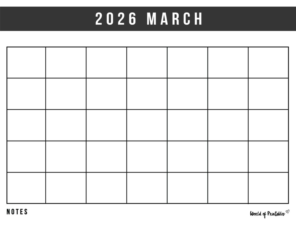 Free Printable Blank March 2026 Calendar