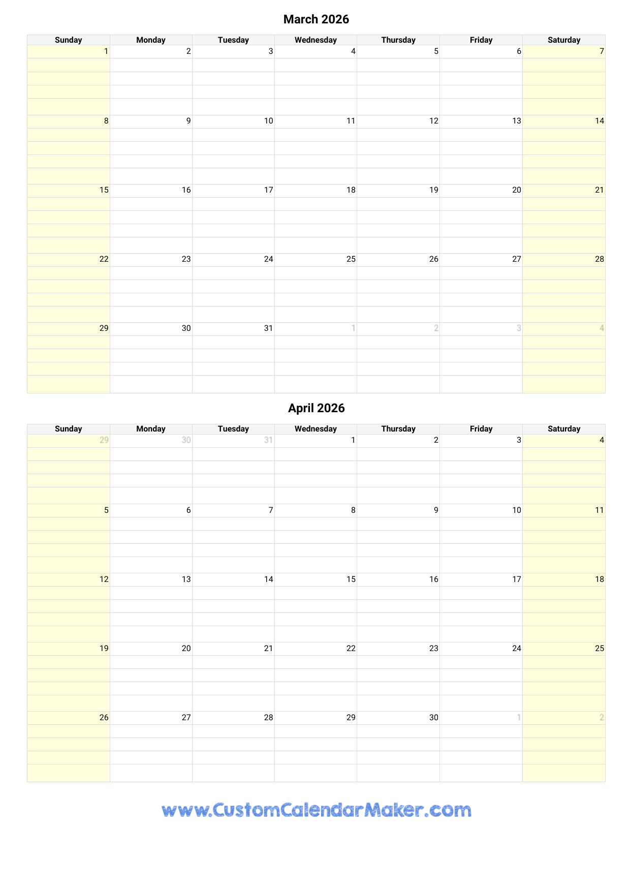 Blank Calendar March 2026 And April 2026