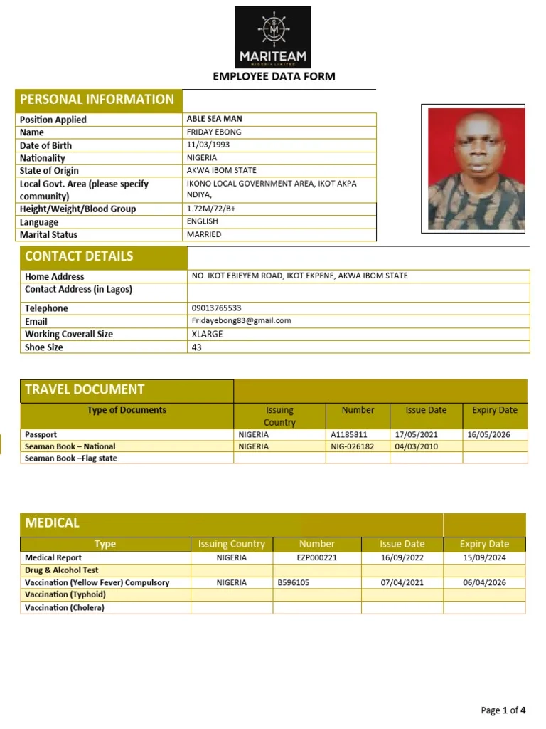 Mariteam Employee Data Form PDF Water Transport