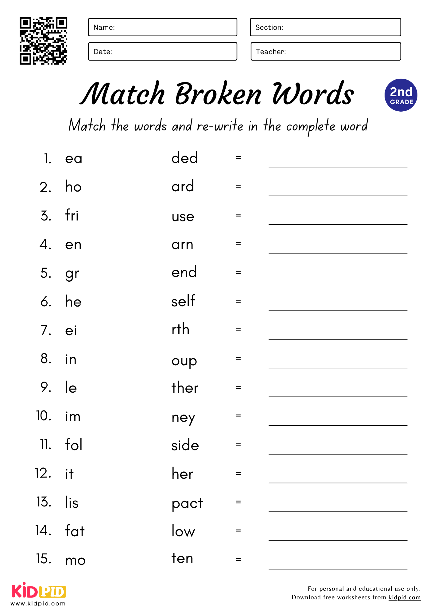 Match amp Complete The Words Worksheet For Grade 2 Kidpid