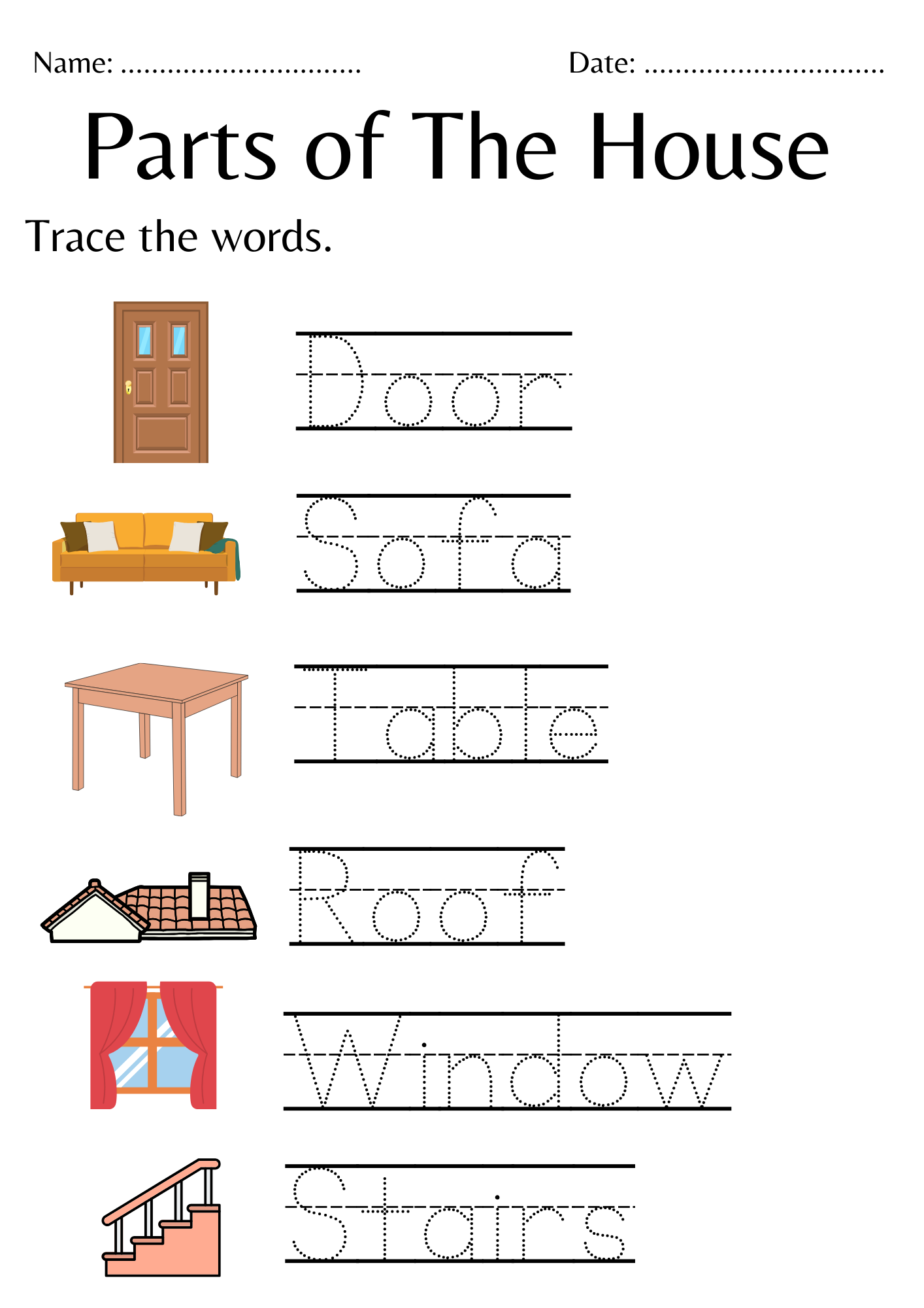 Matching Parts Of The House Worksheet For Kindergarten Trace 