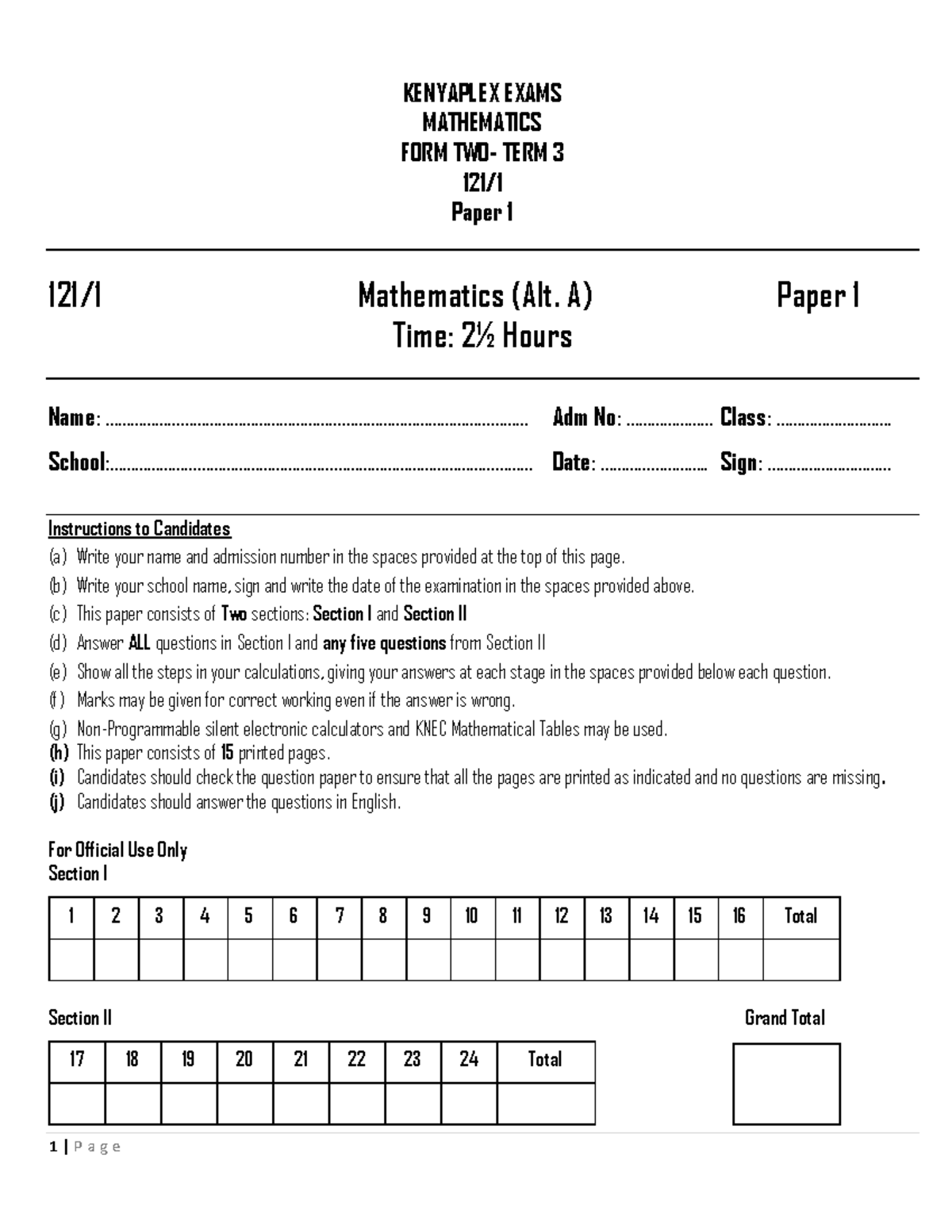 Mathematics Form 2 Term 3 Opener Exam 3084 Version 2 PDF Studocu