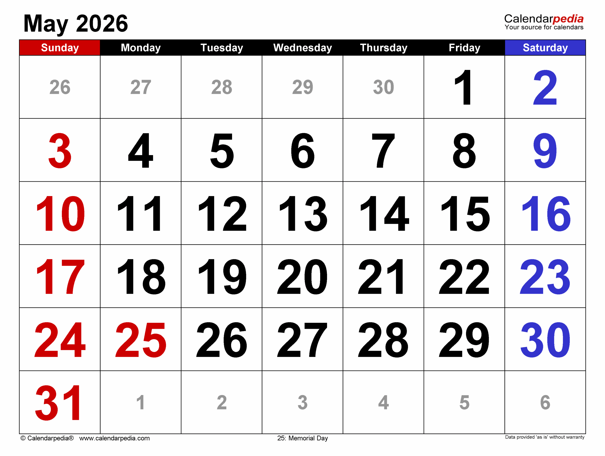 Printable May 2026 Calendar